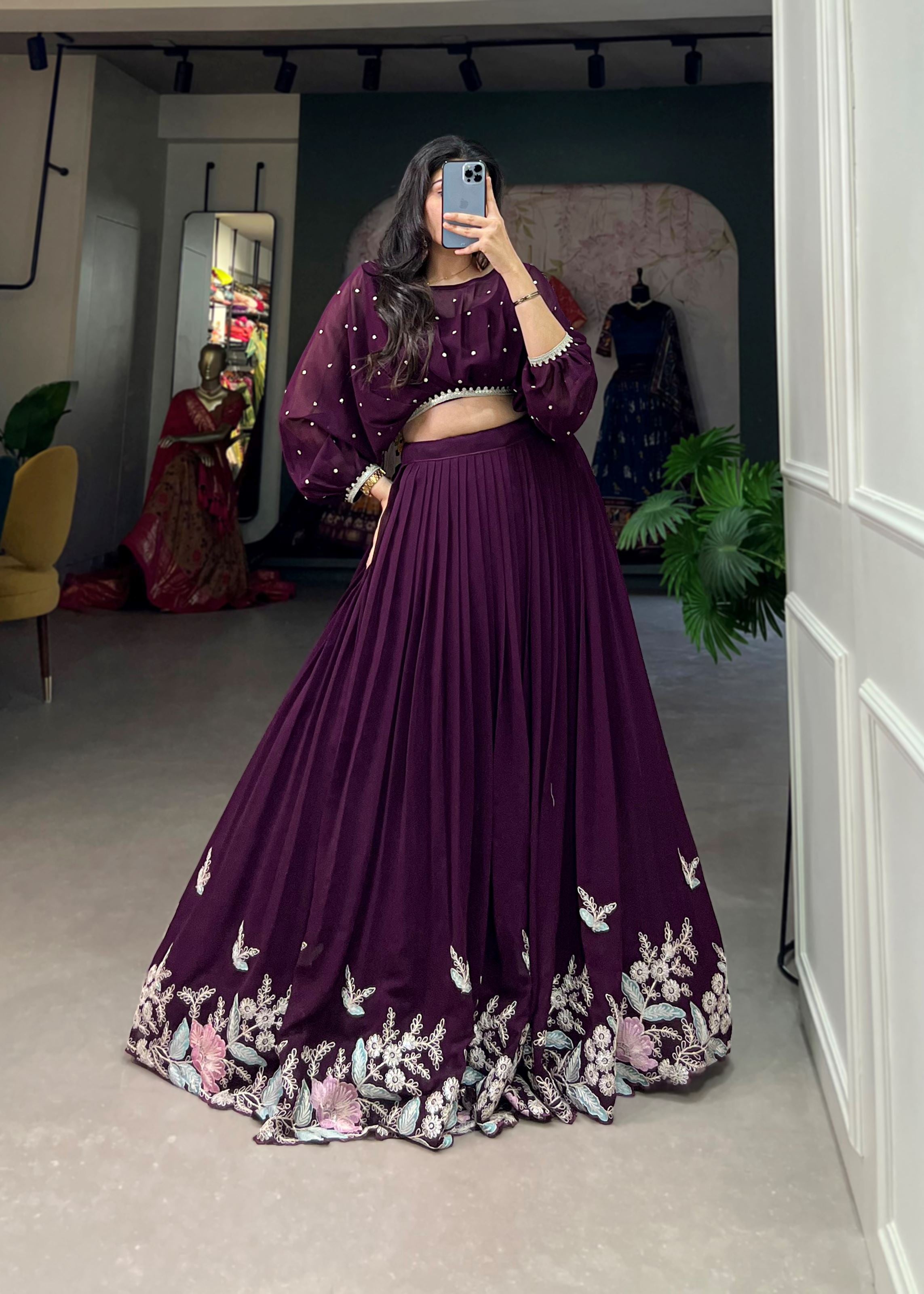 Wine Georgette Lehenga with Sequin and Thread Detailing Light Elegant