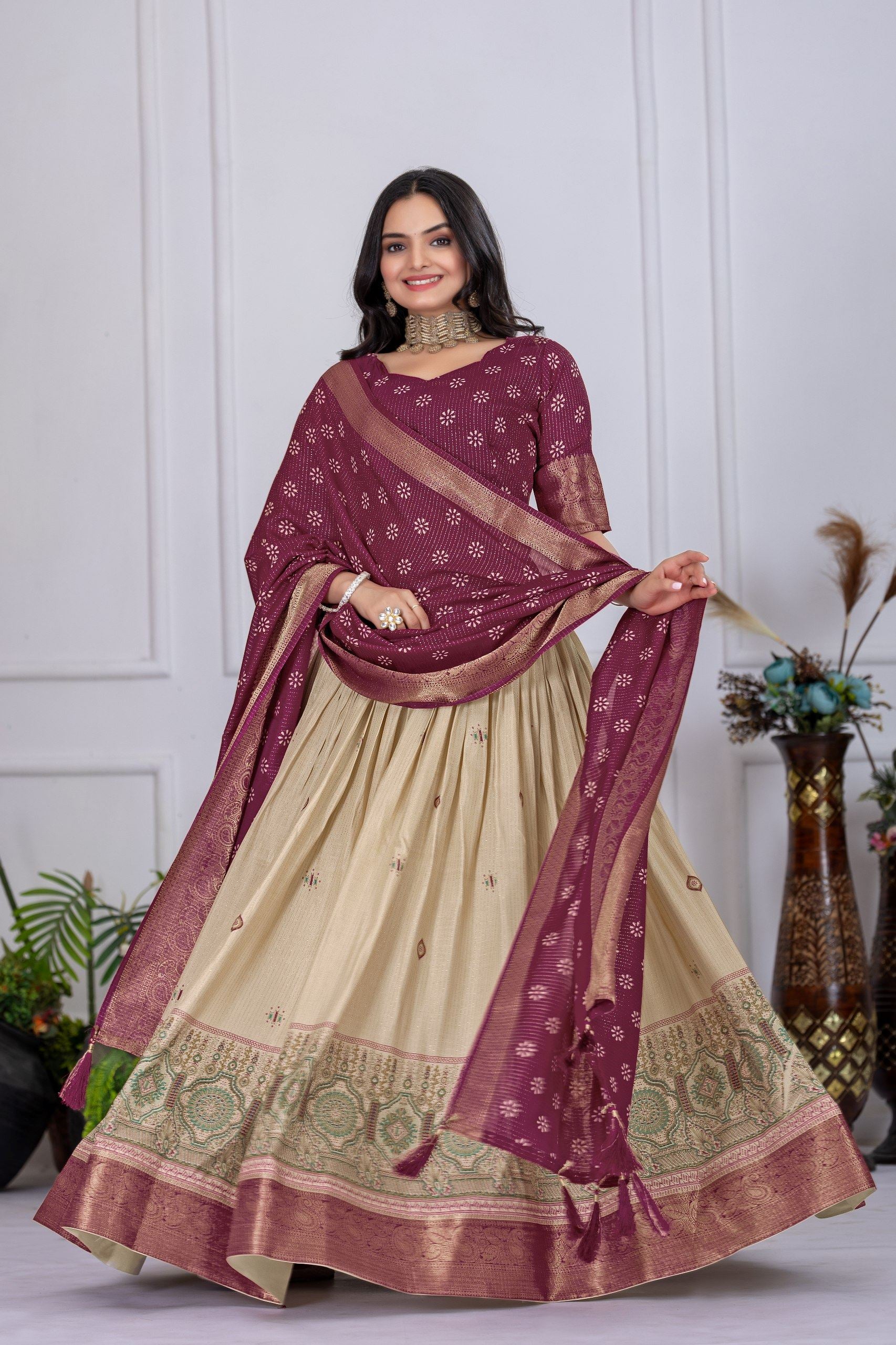 Wine Lehenga Choli With Jacquard With Jari Lining With Print