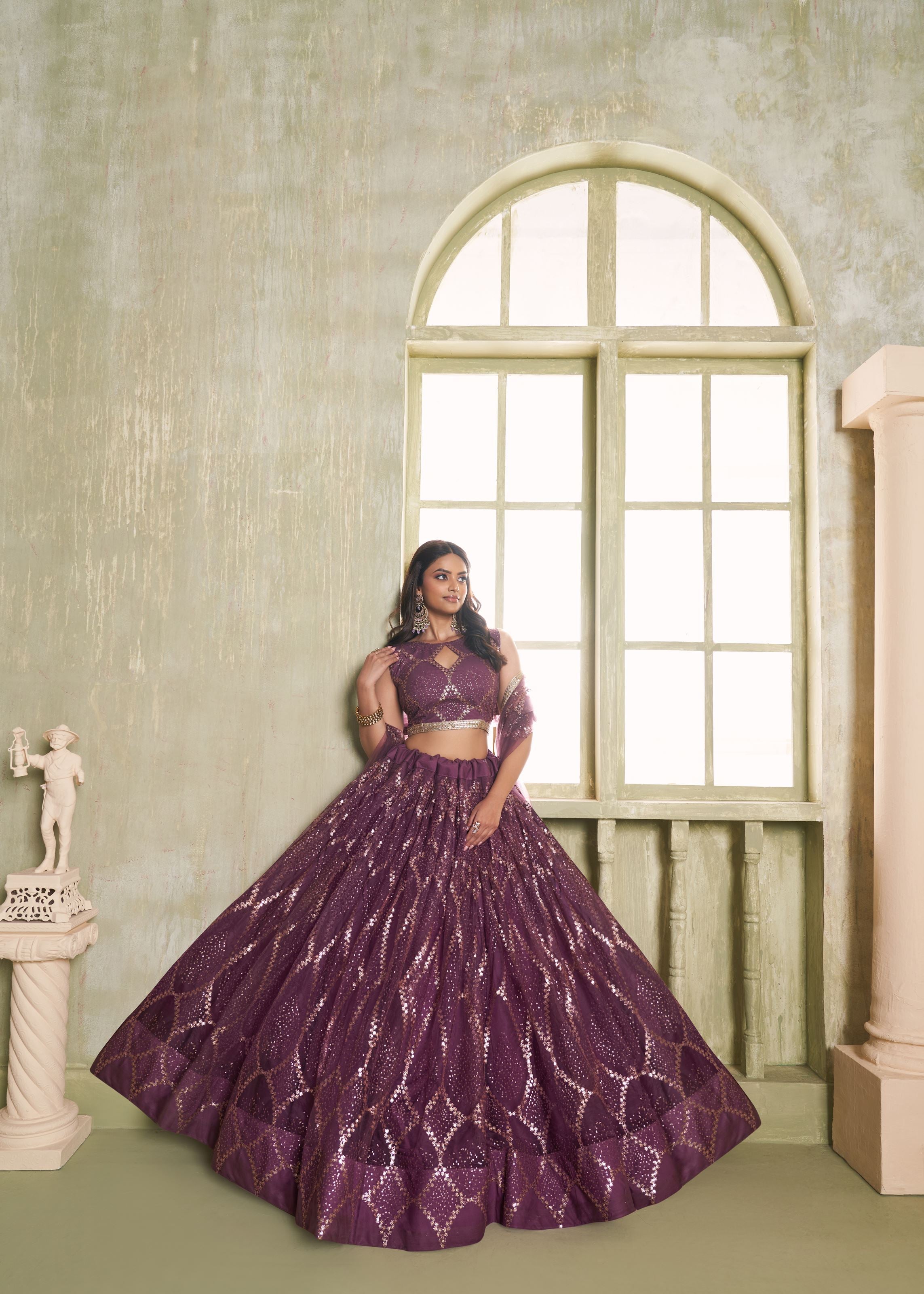 Wine Net Lehenga with Tone-to-Tone Zari Sequence Embroidery