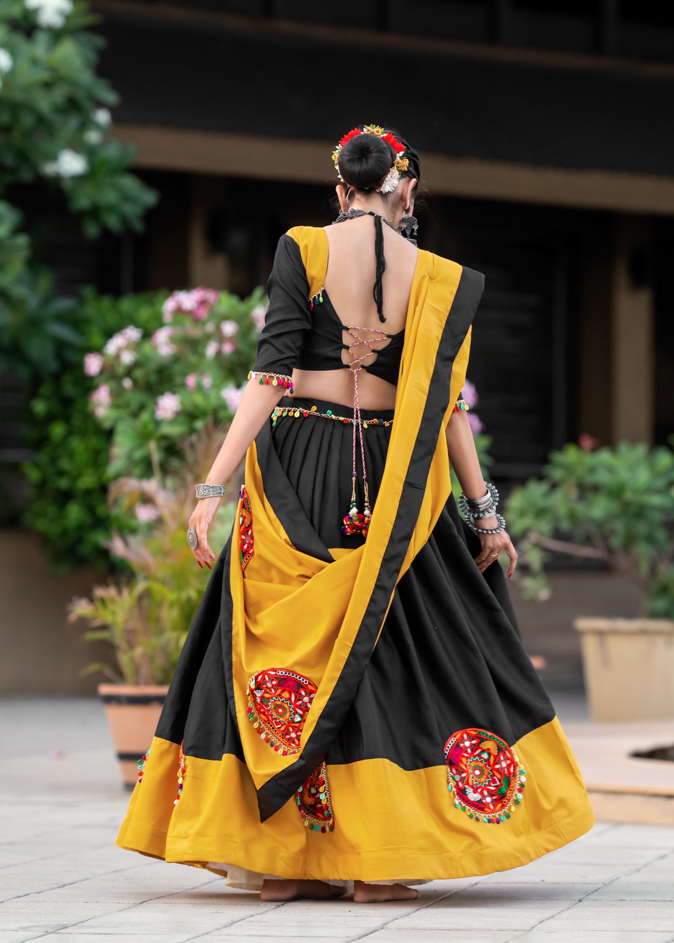 Yellow And Black Navratri Chaniya Choli With Gamthi Work