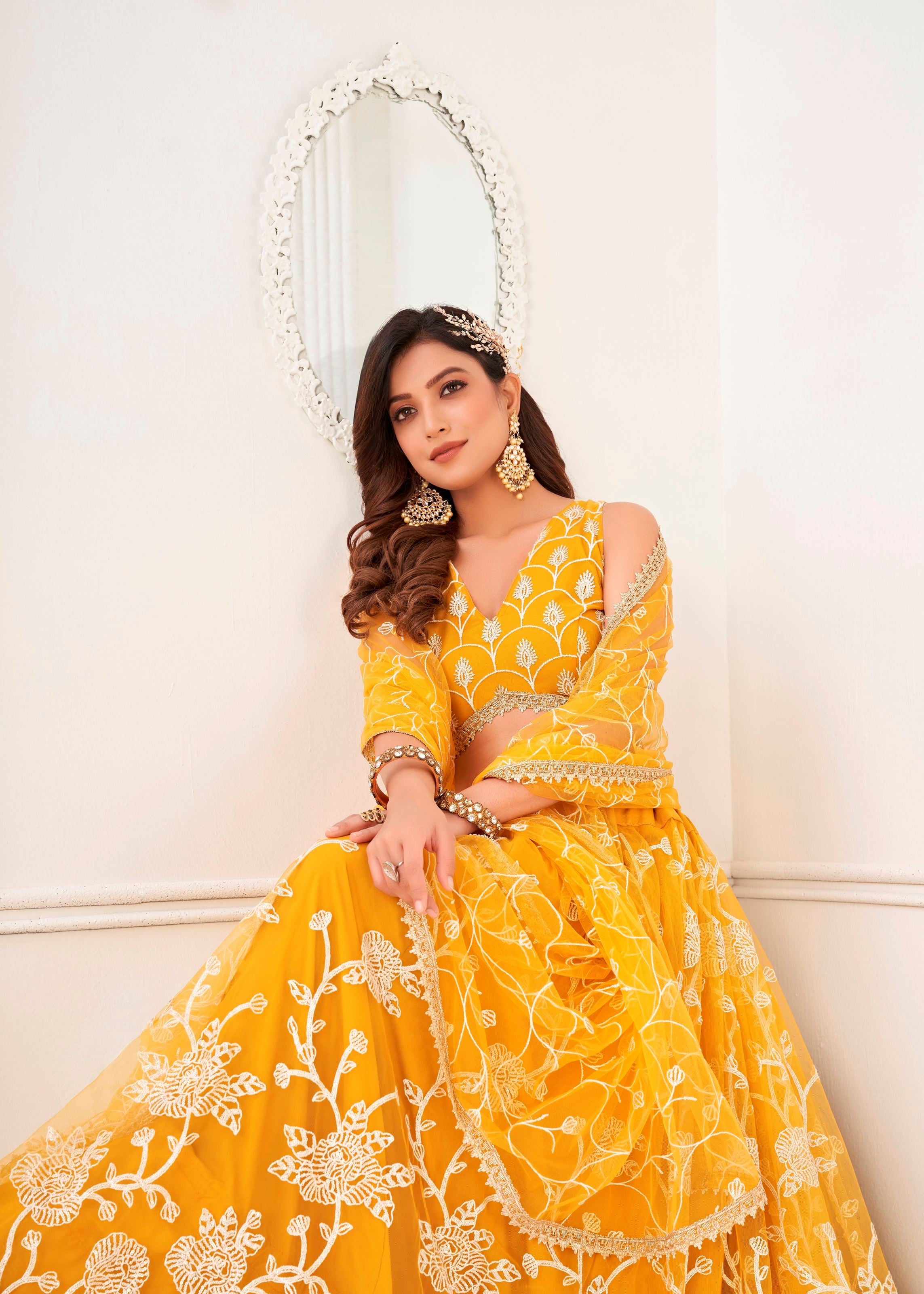 Yellow Butterfly Net Lehenga Choli With Embroidery And Sequins Work