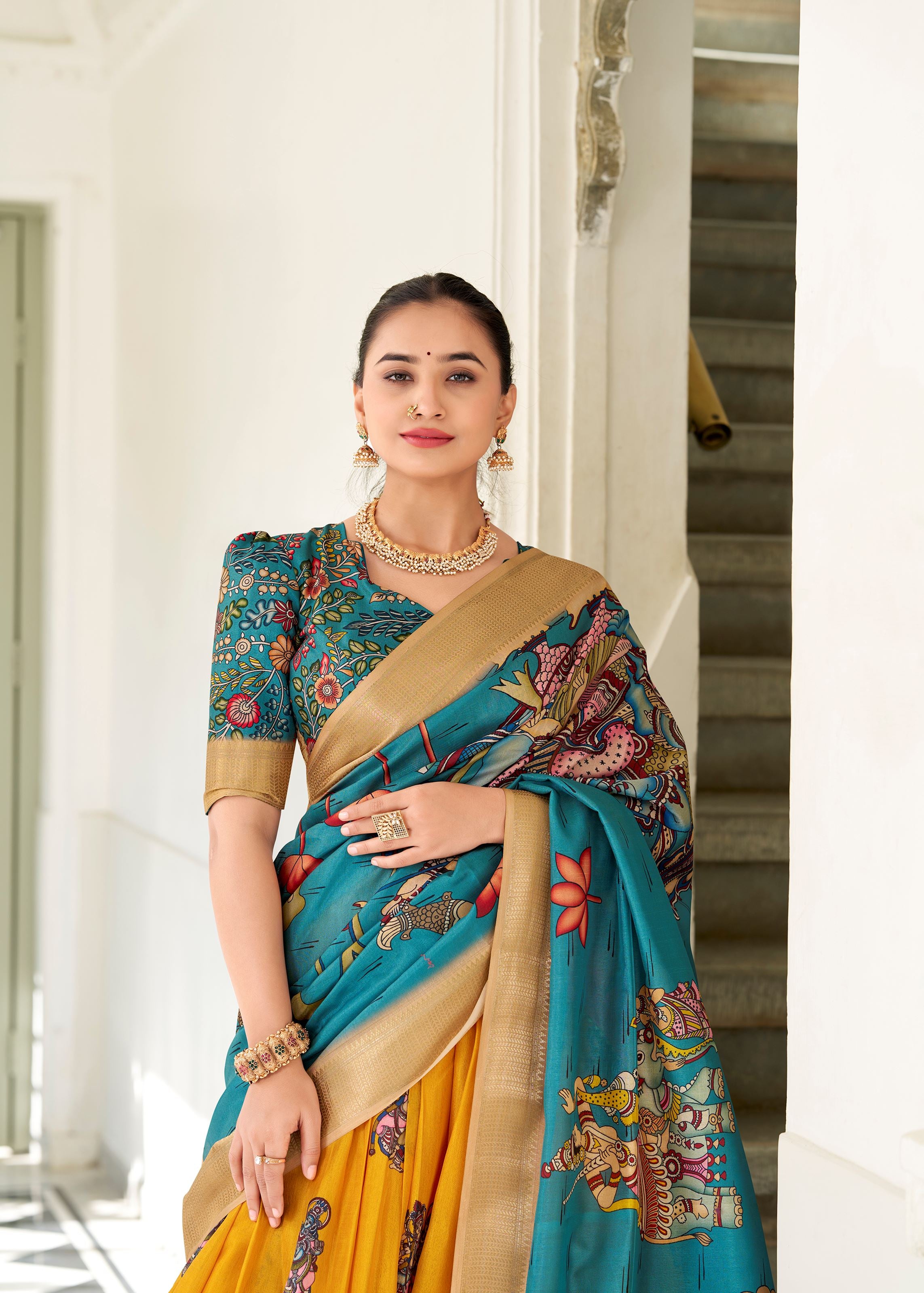 Yellow Kalamkari Charm on Luxurious Dola Silk Lehenga with Woven Borders