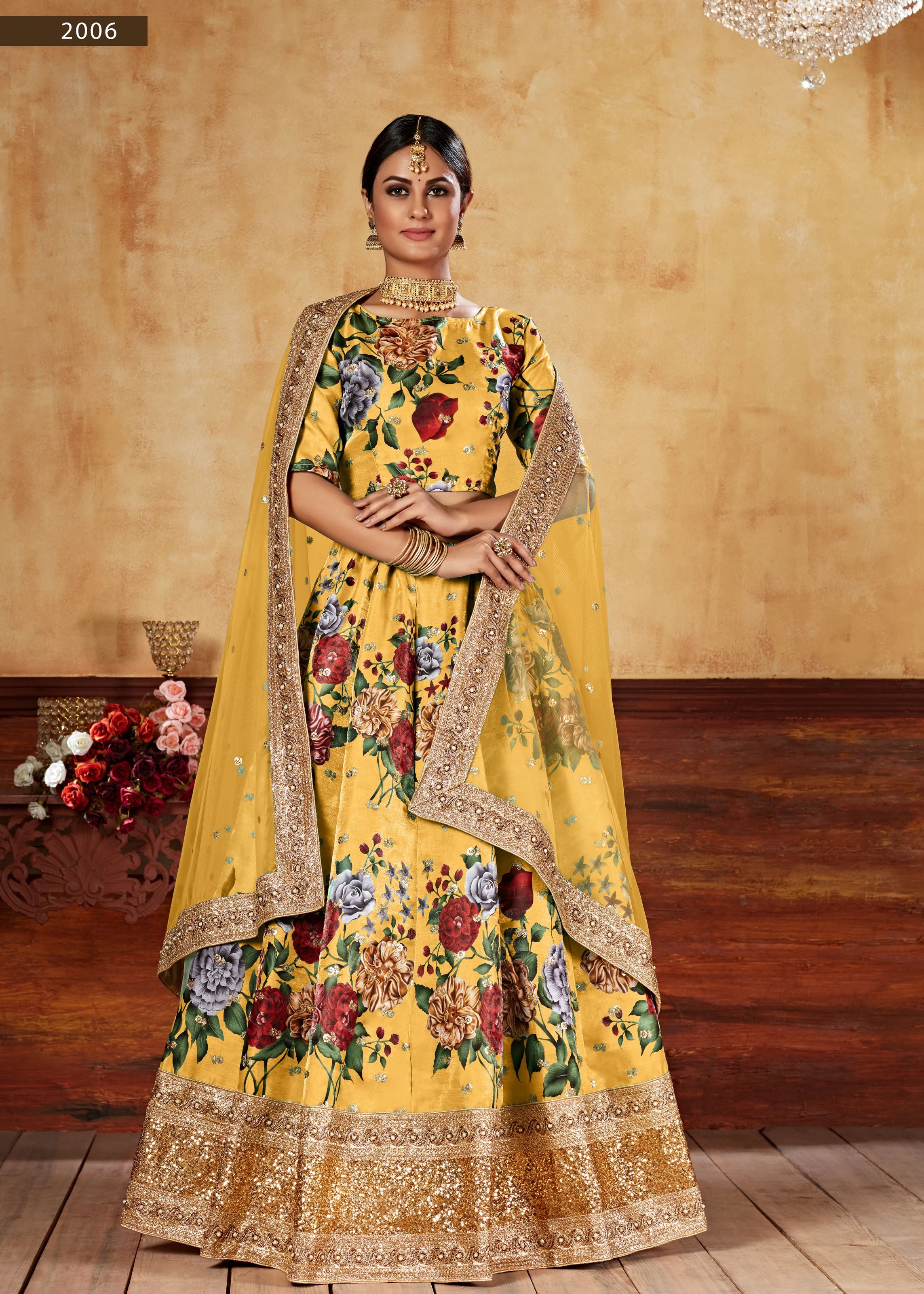 Yellow Lehenga Choli With Digital Print And Dori With Jari Sequins Butti,Embroidered Border And Pearl Work