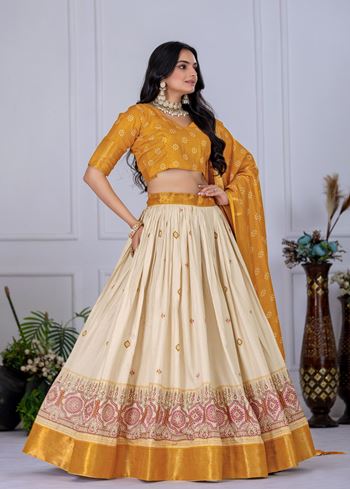 Yellow Lehenga Choli with Jacquard Jari Lining and Printed Detailing