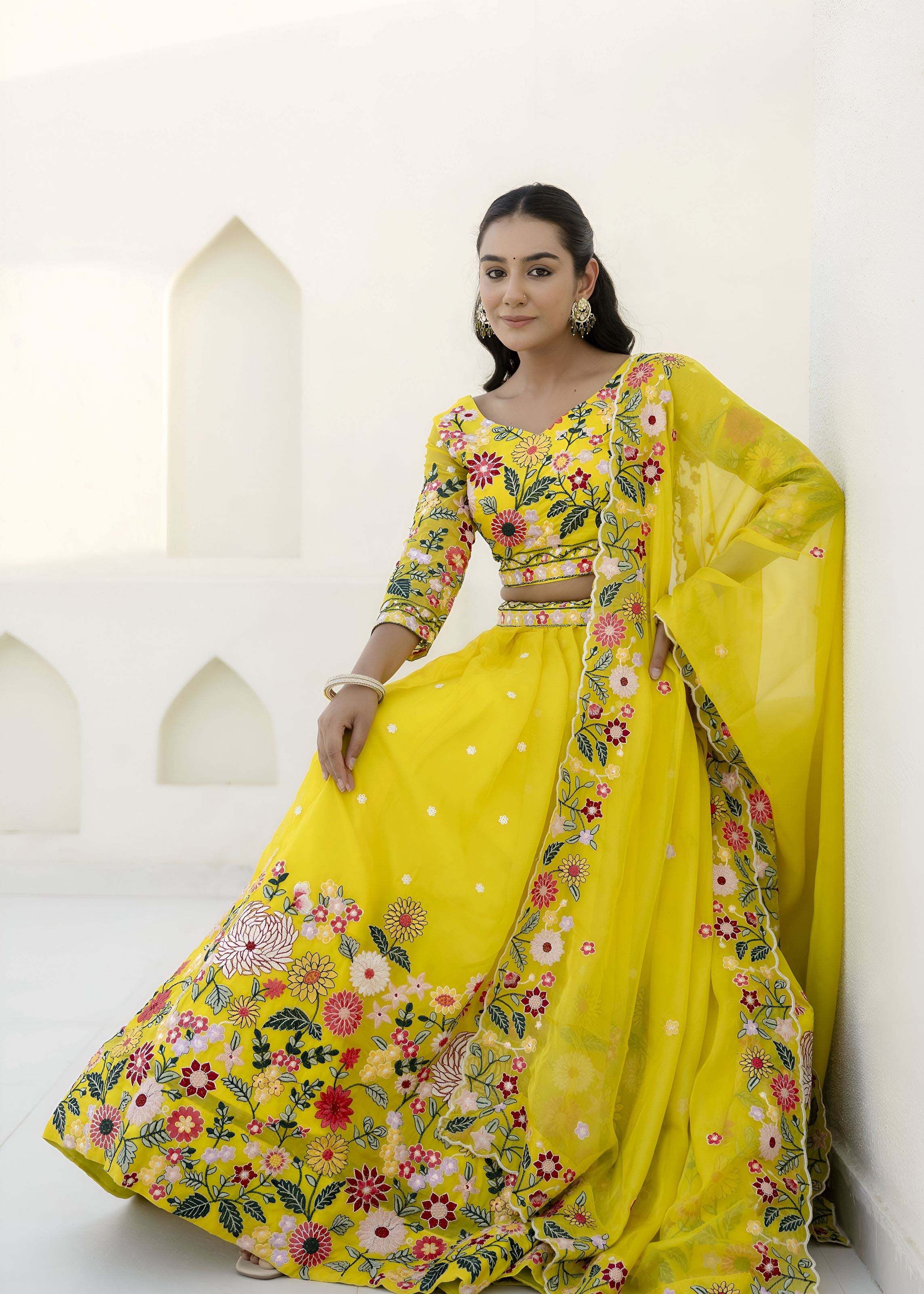 Yellow Lehenga Choli with Heavy Embroidery, Sequence work