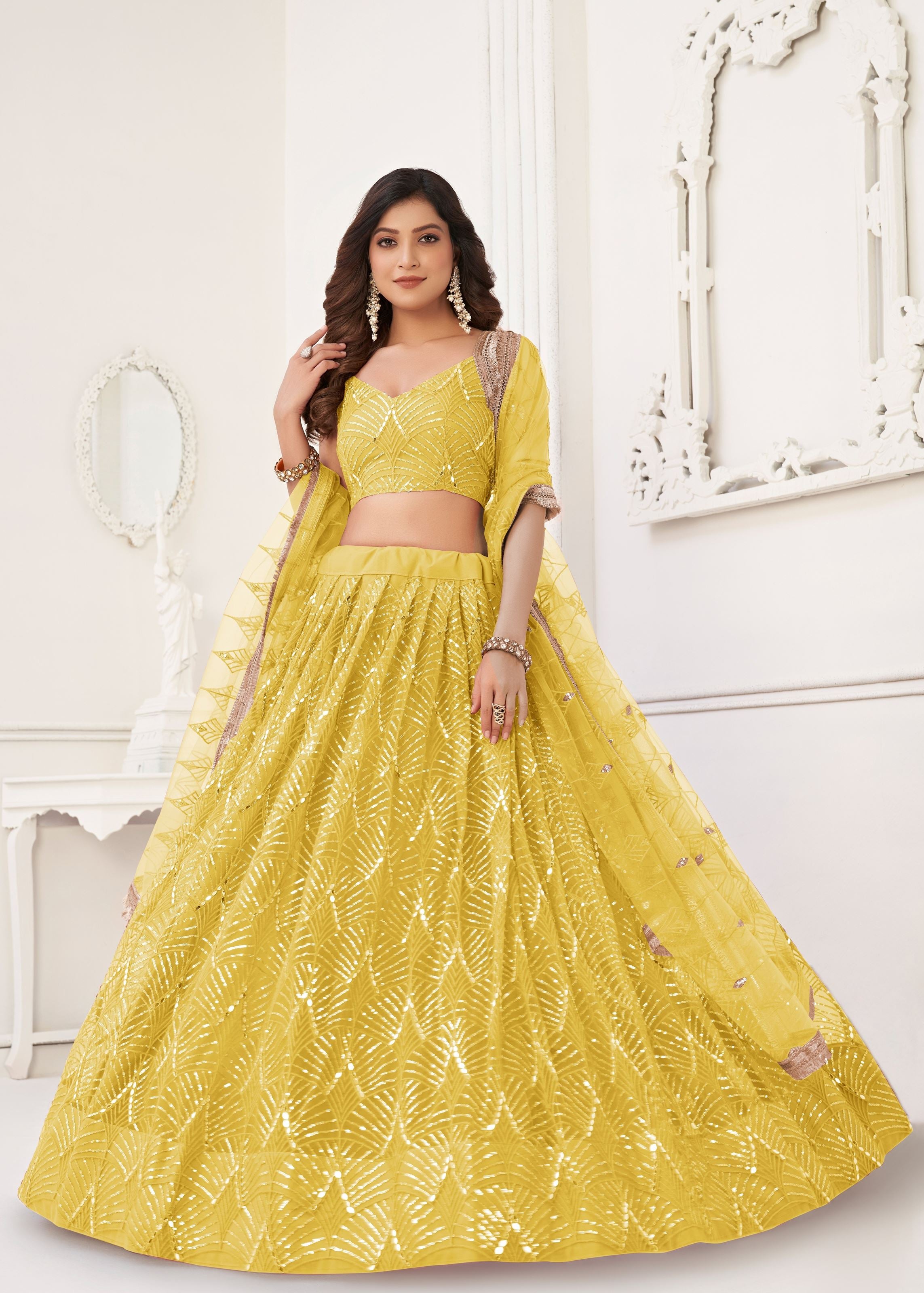 Yellow Net Lehenga Choli With Thread Embroidery Real Mirror Work