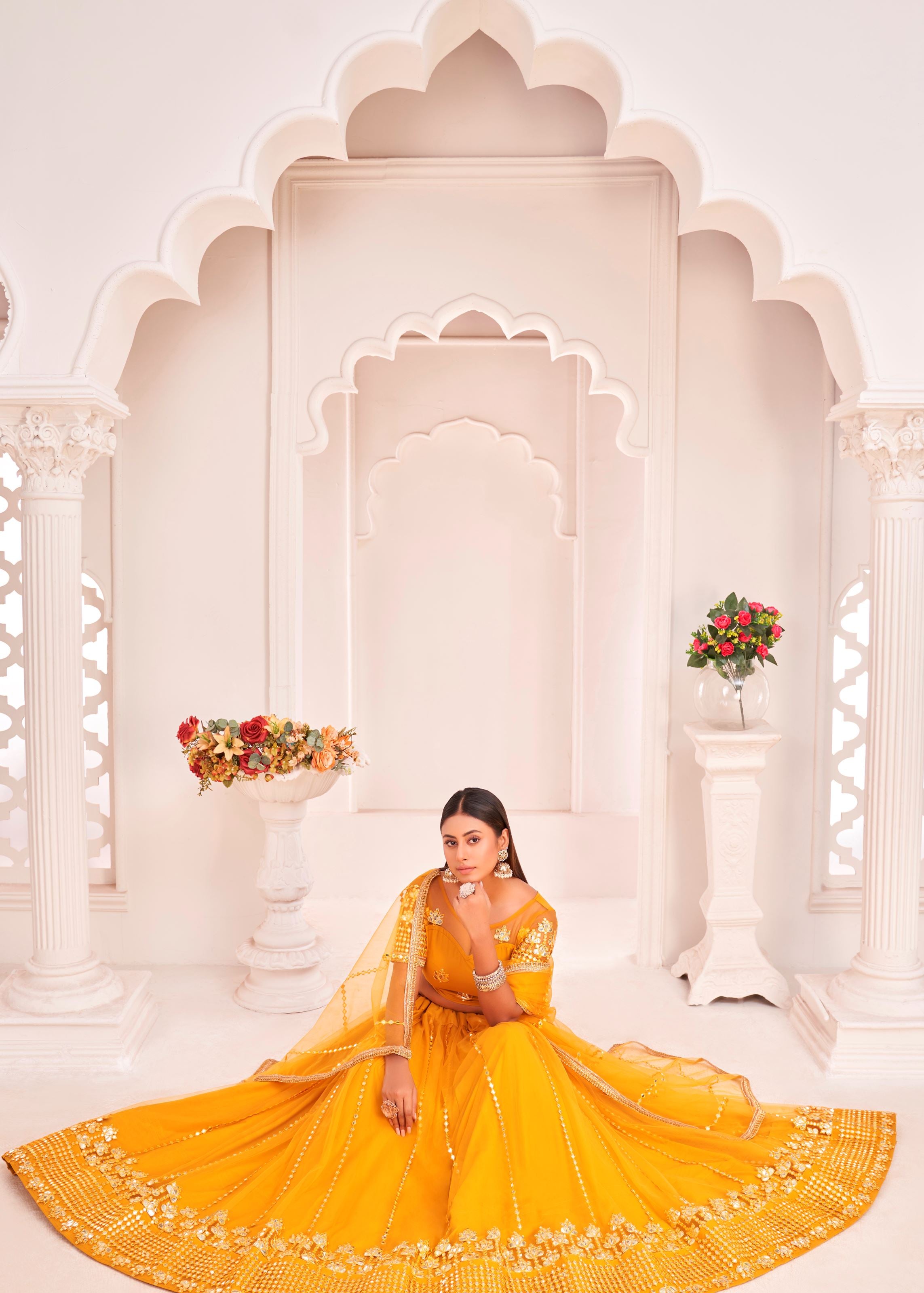 Yellow Net Lehenga Choli With Thread Embroidery Work