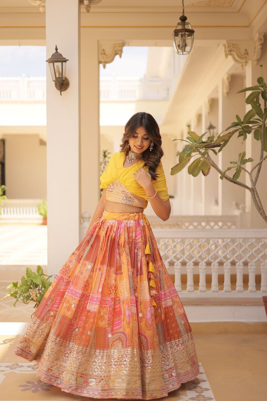 Yellow Russian Silk Lehenga Choli With Digital Print With Foil Embroidery Work