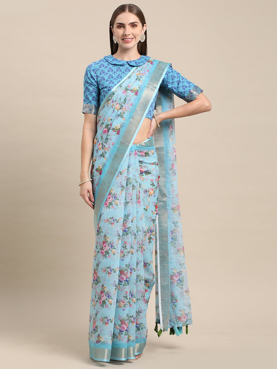 Sky Blue Linen Soft Printed Designer Saree