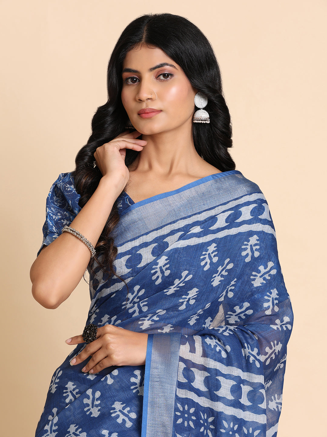Indigo Blue Linen Printed Ethnic Saree