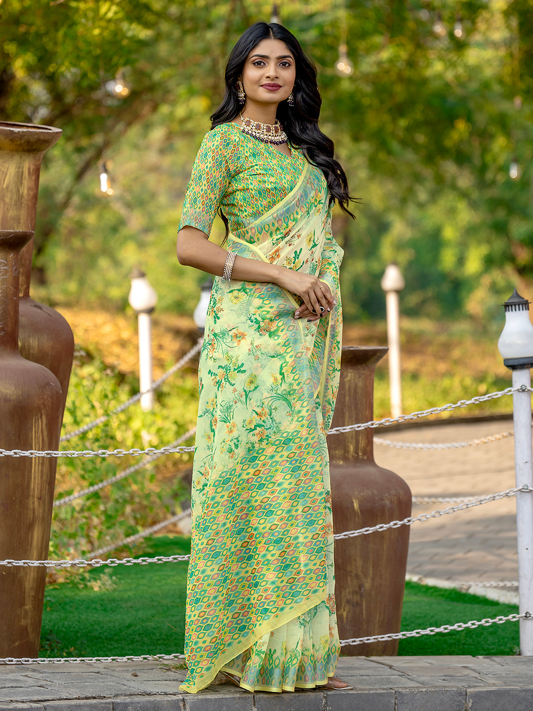 Lemon Yellow Linen Printed Summer Wear Saree
