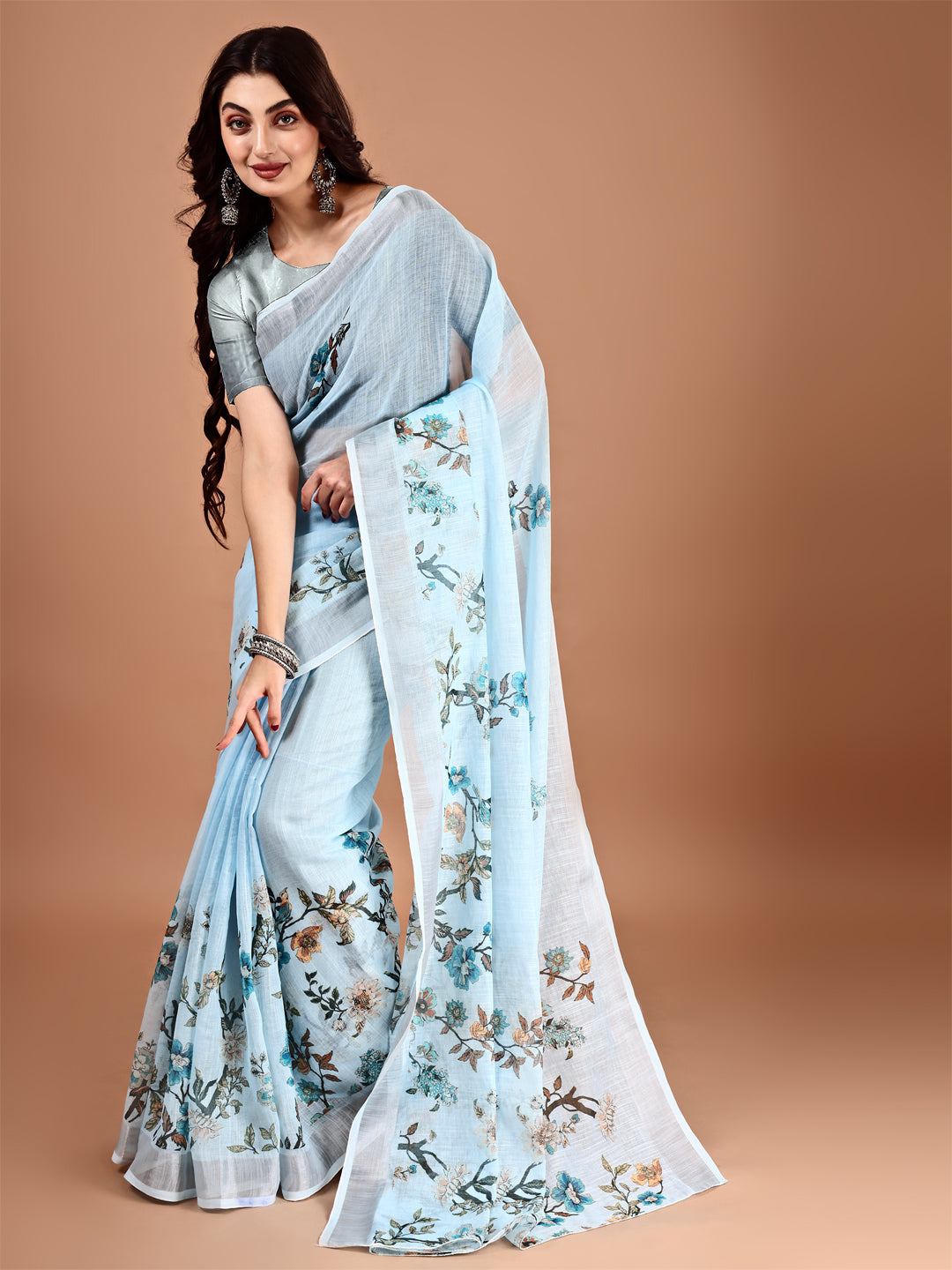 Blue Linen Casual Printed Saree