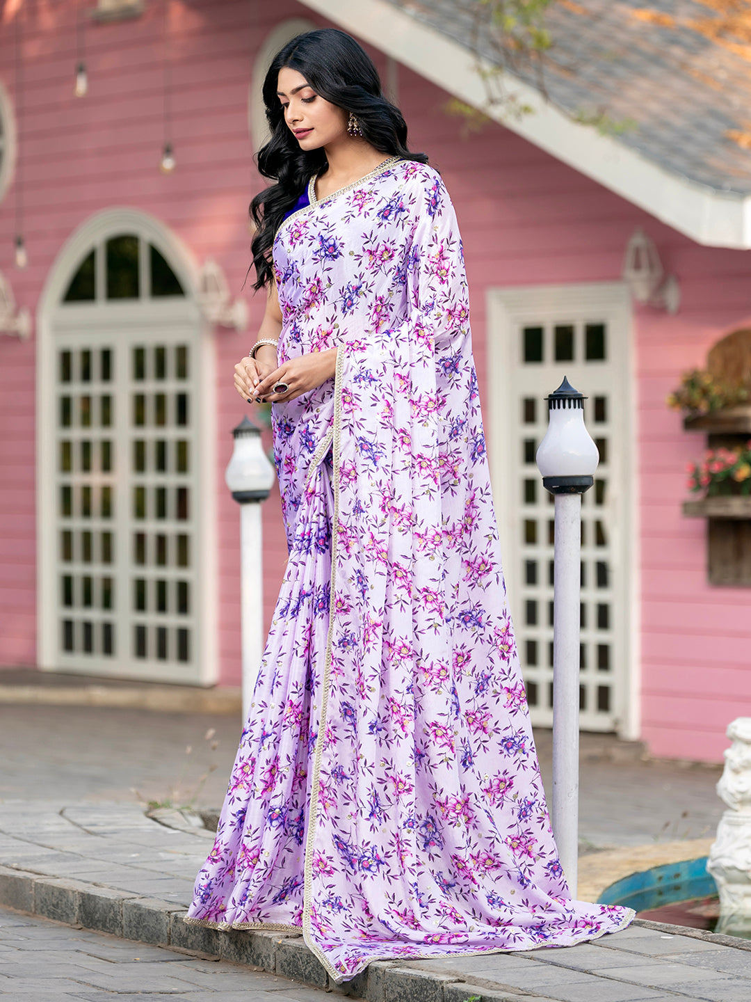 Lilac Silk Blend Printed Designer Saree For Women
