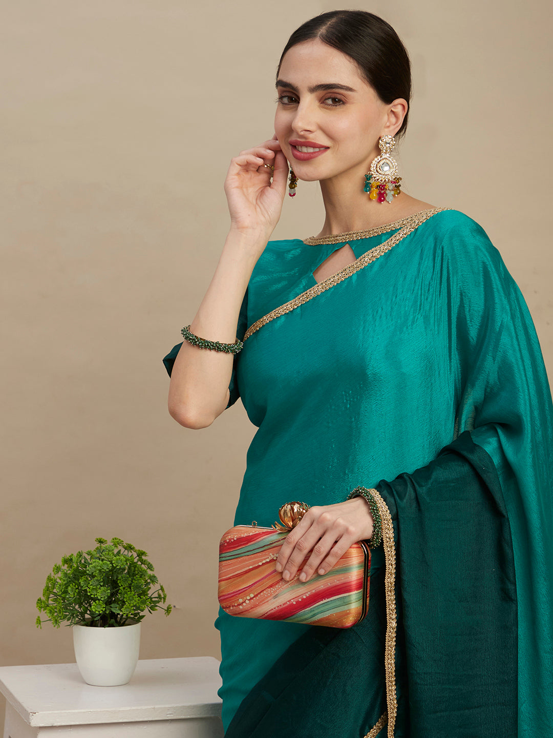 Elegant Green Chinon Silk Saree With Embroidery And Sequins Work