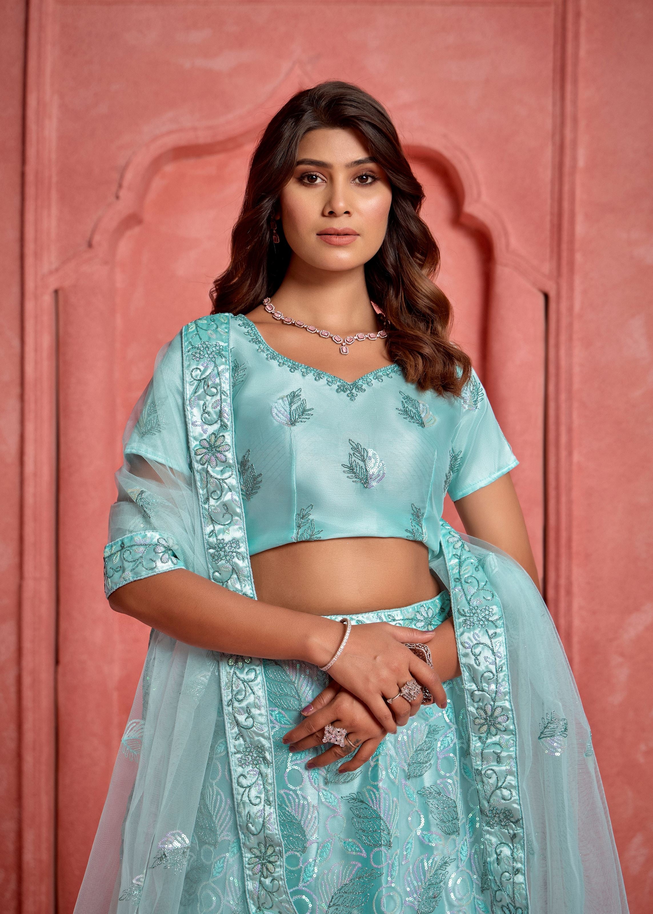 Baby Blue Net Lehenga with Light Sequin Embroidery