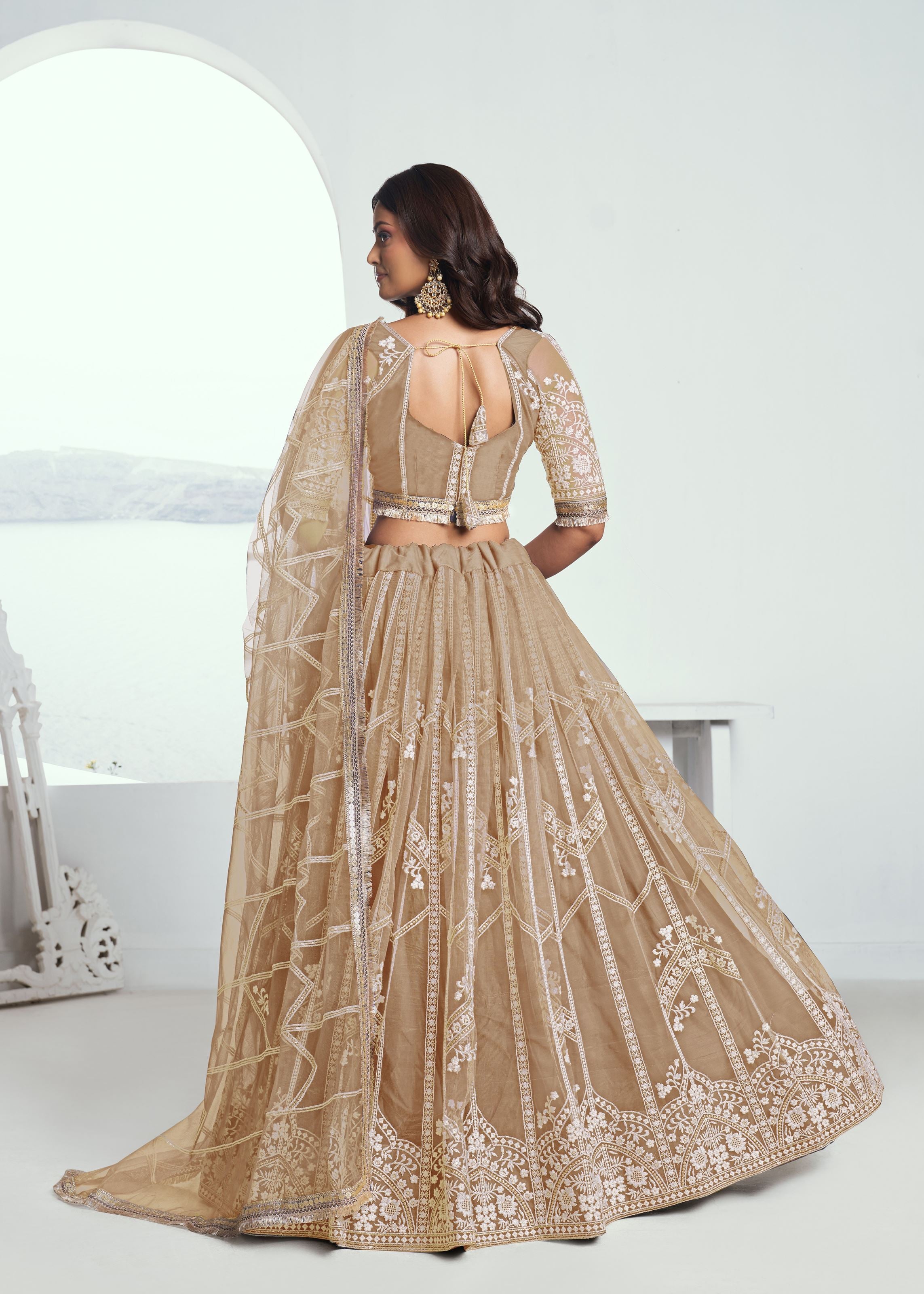 Beige Lehenga Choli With Zari Work And Sequence Work Embroidery