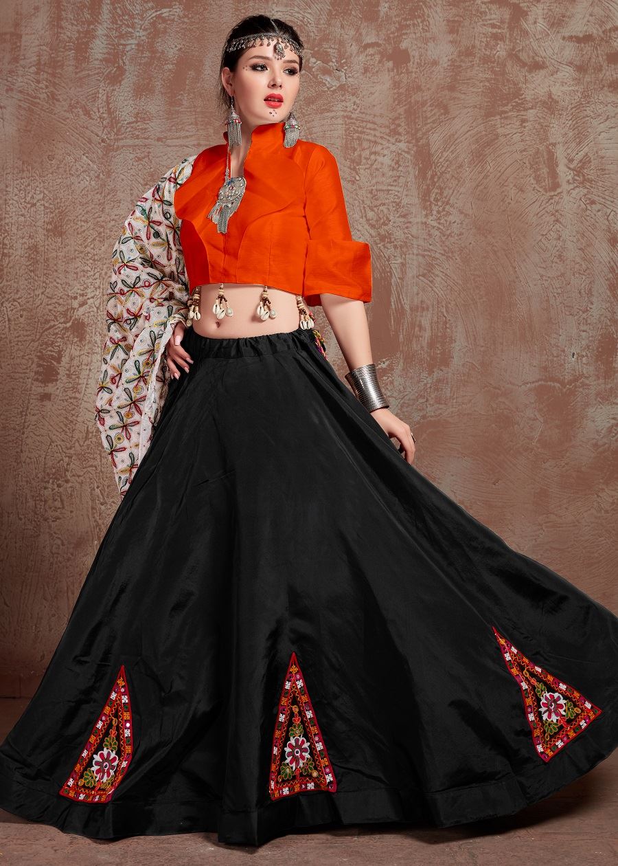 Black And Orange Navratri Chaniya Choli With Gamthi Work Butta And Tassels Lace