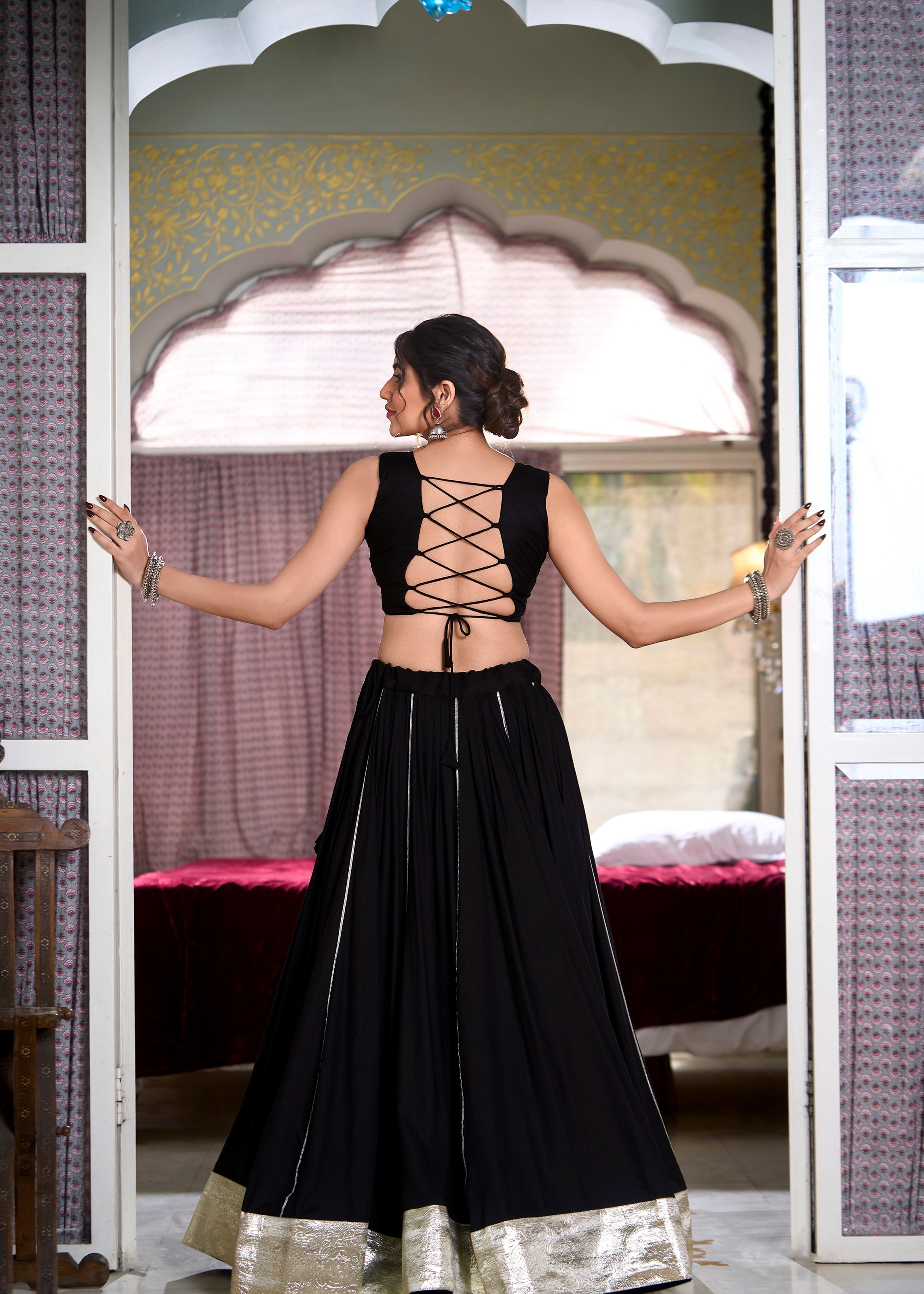 Black Classic Rayon Lehenga Choli with Lace Border Gota Patti
