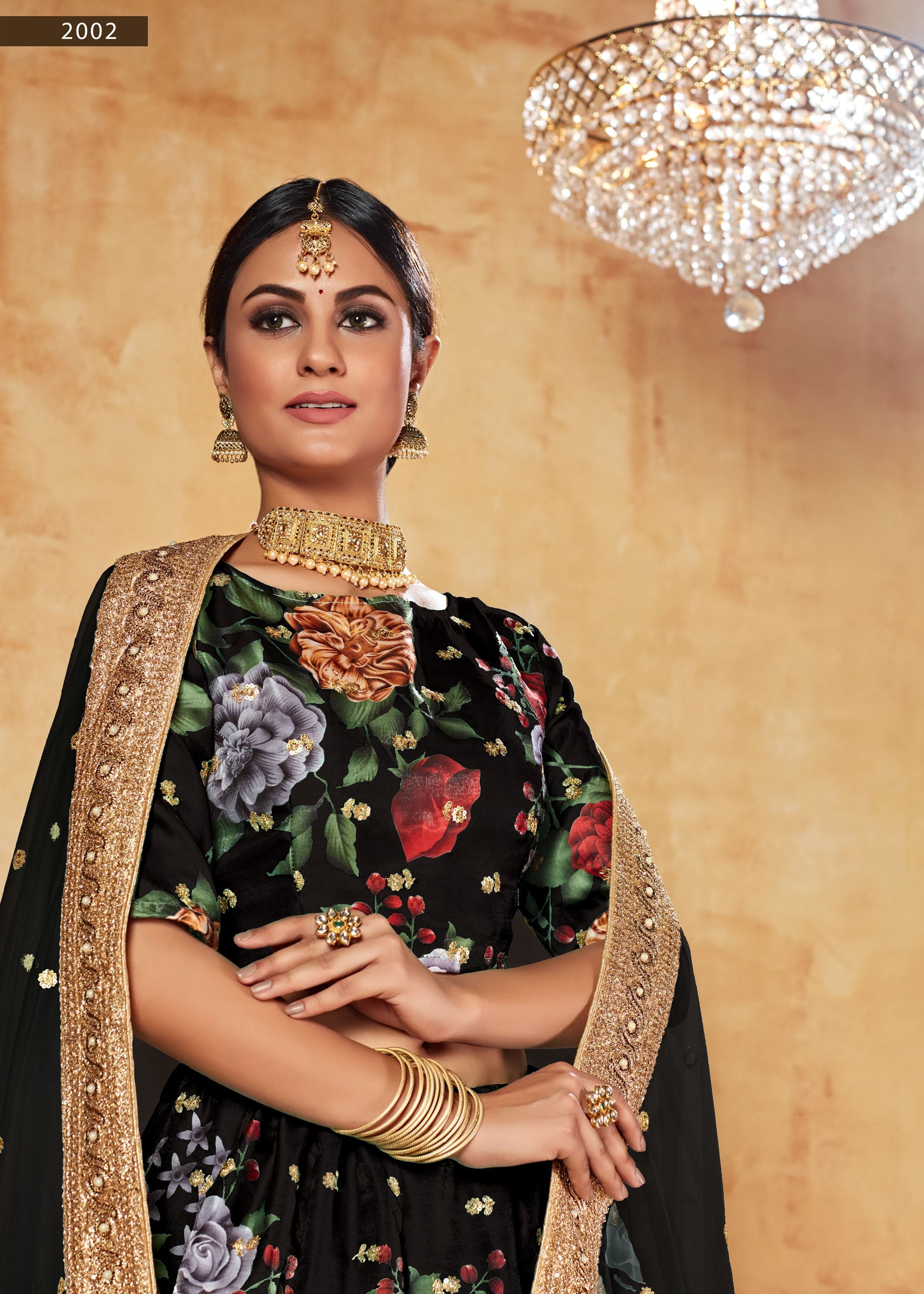Black Lehenga Choli With Digital Print And Dori With Jari Sequins Butti,Embroidered Border And Pearl Work
