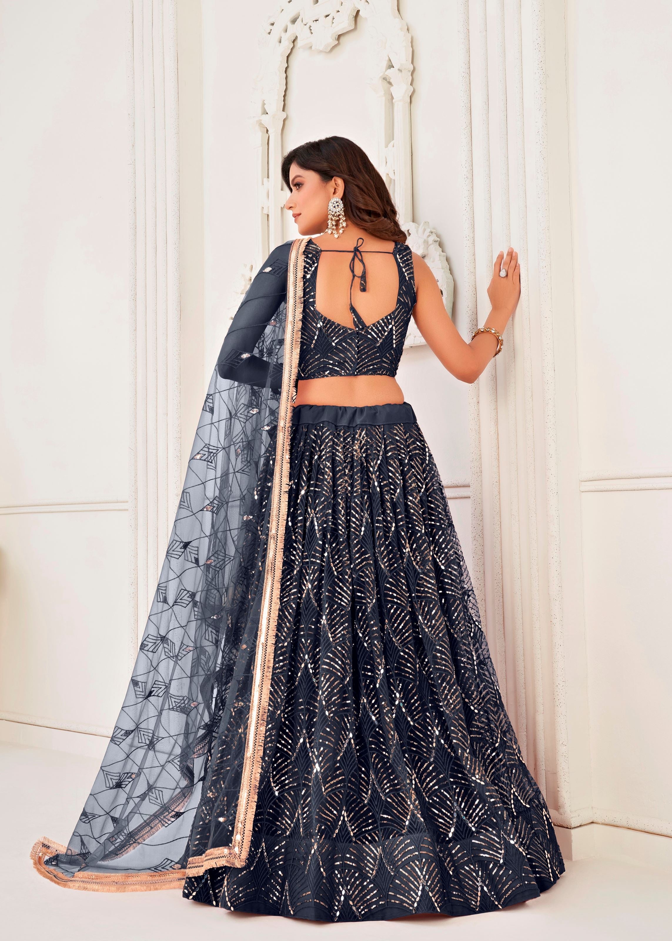 Black Net Lehenga Choli With Thread Embroidery Real Mirror Work