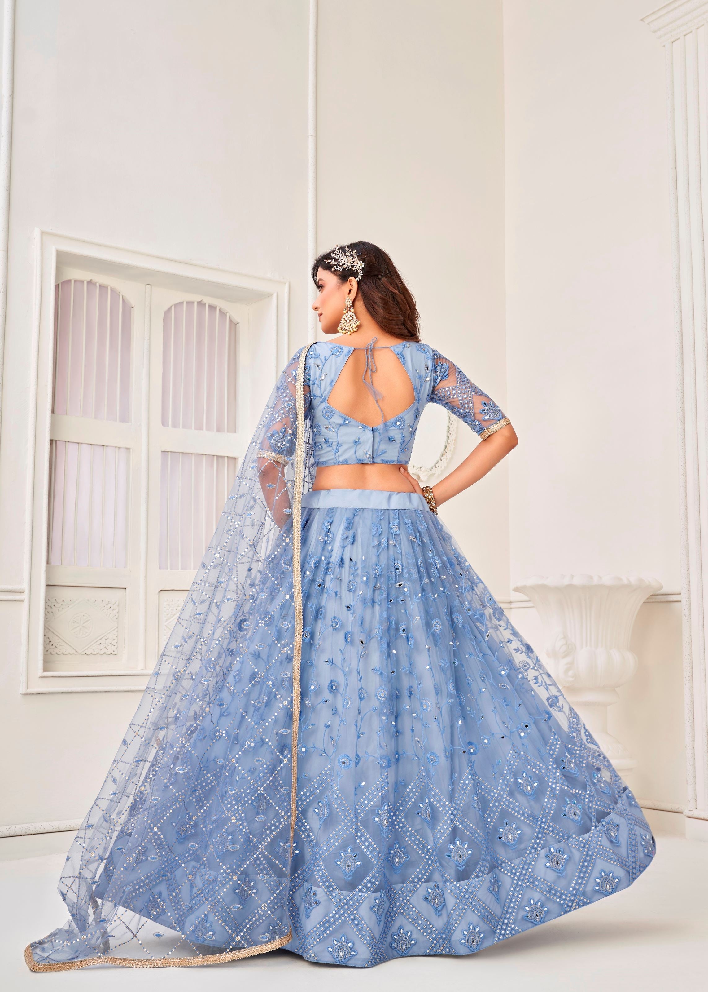Blue Butterfly Net Lehenga Choli With Tone To Tone Thread Embroidery And Sequins Work
