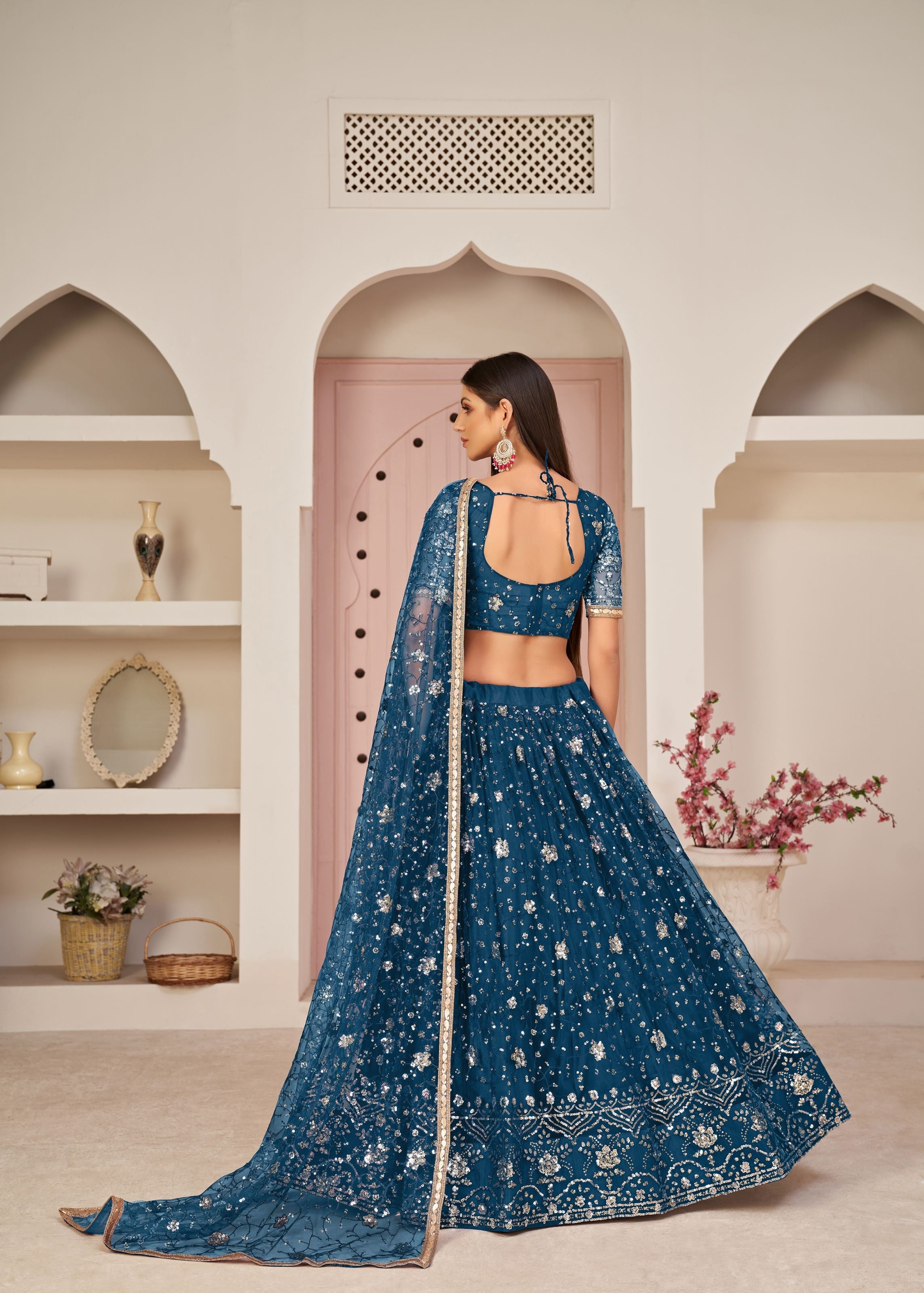 Blue Net Lehenga Choli With Thread Embroidery Work