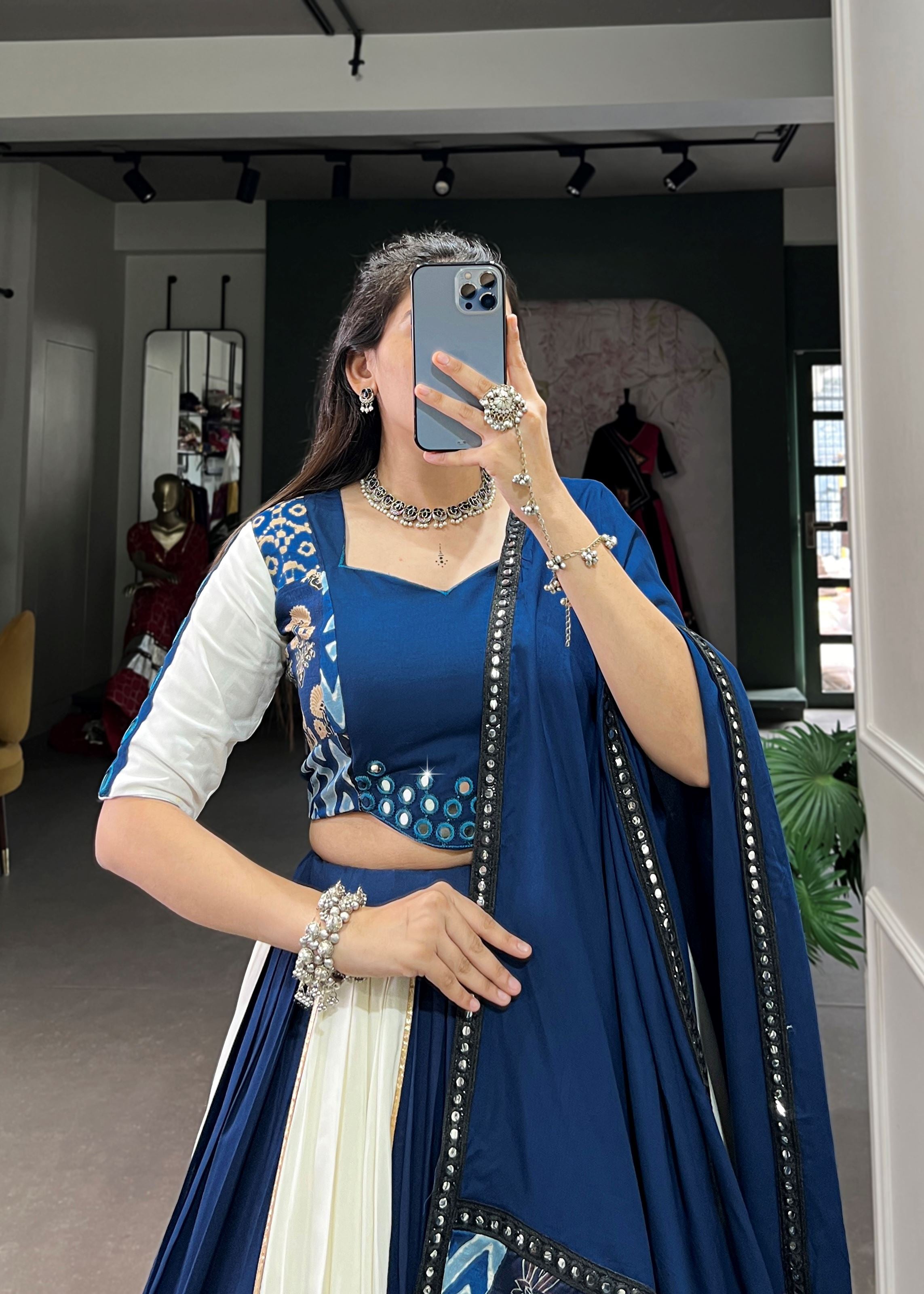 Blue Printed Plain Rayon Lehenga with Mirror Lace and Gota Patti Sparkle