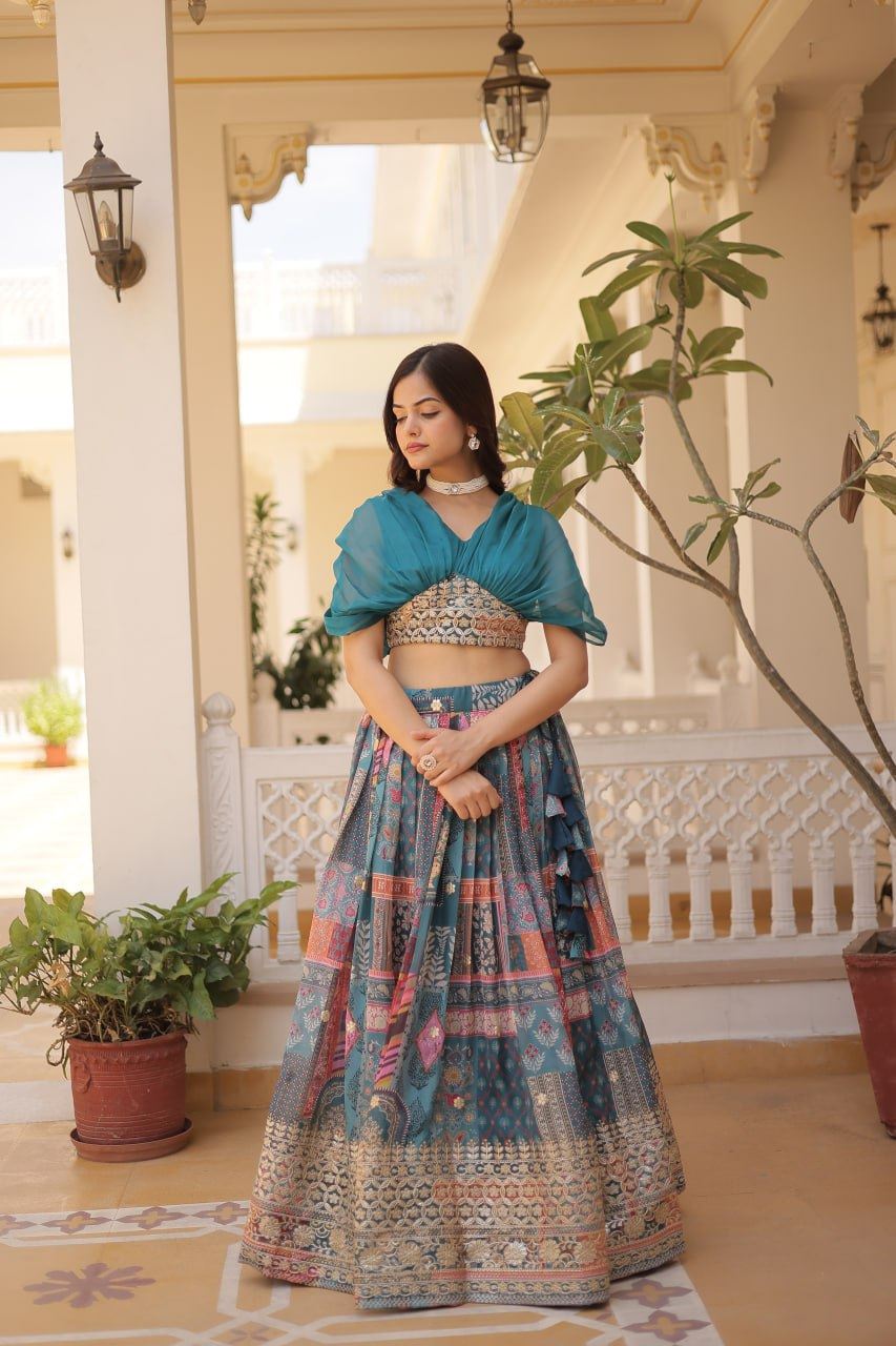 Blue Russian Silk Lehenga Choli With Digital Print With Foil Embroidery Work