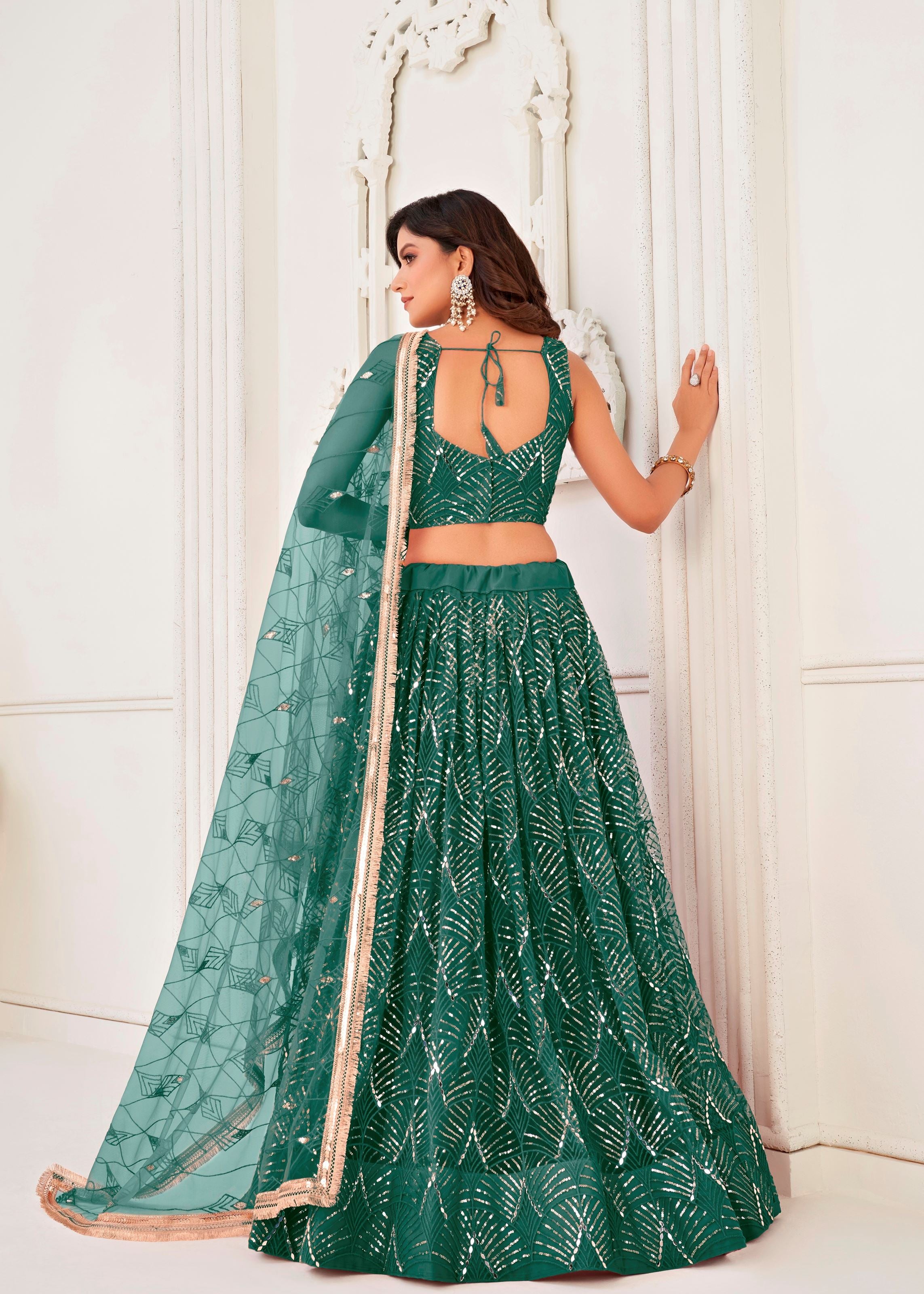 Bottlegreen Net Lehenga Choli With Thread Embroidery Real Mirror Work