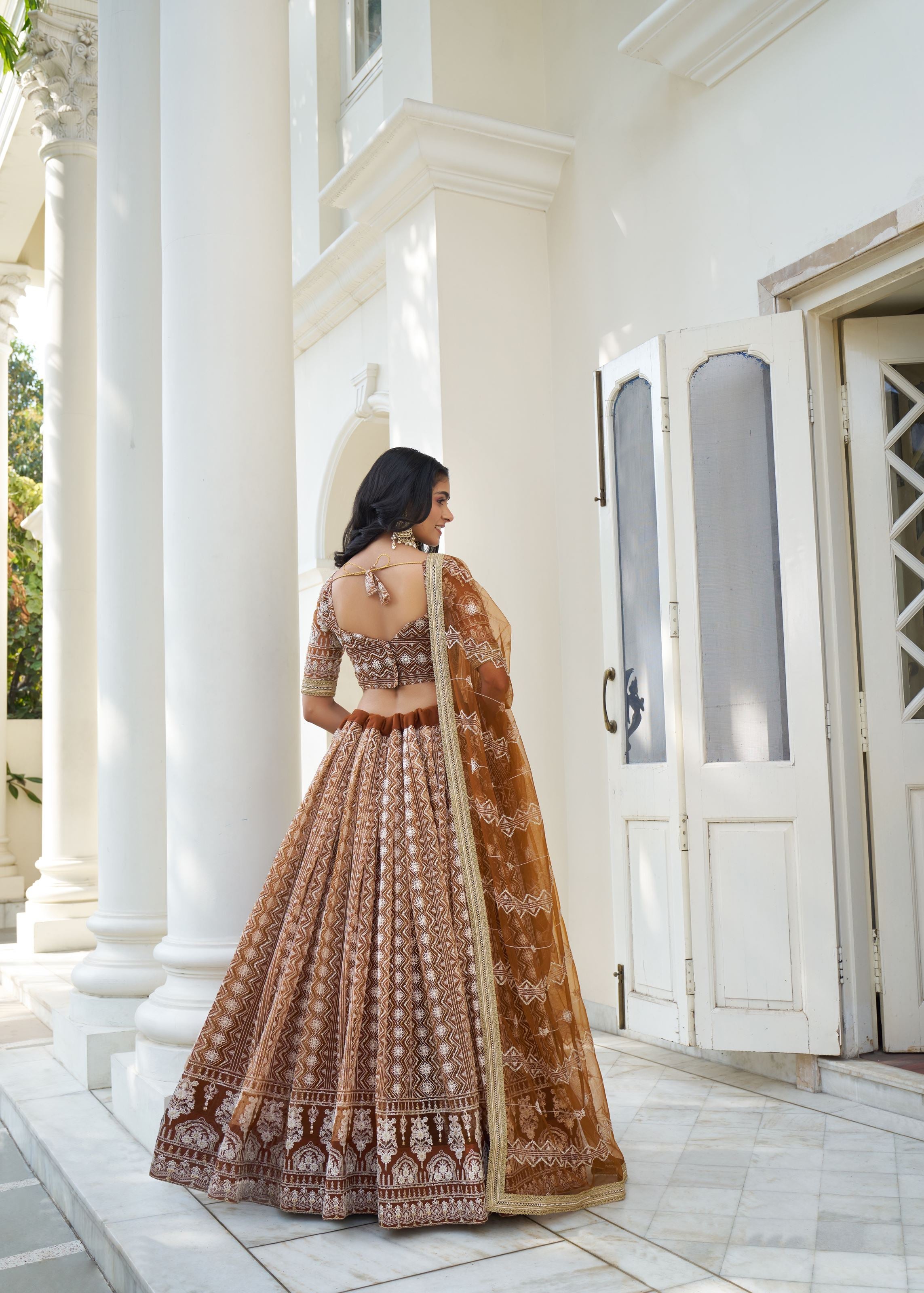 Brown Butterfly Net Lehenga Choli With Designer Thread Work, Zari Work And Sequence Work Embroidery