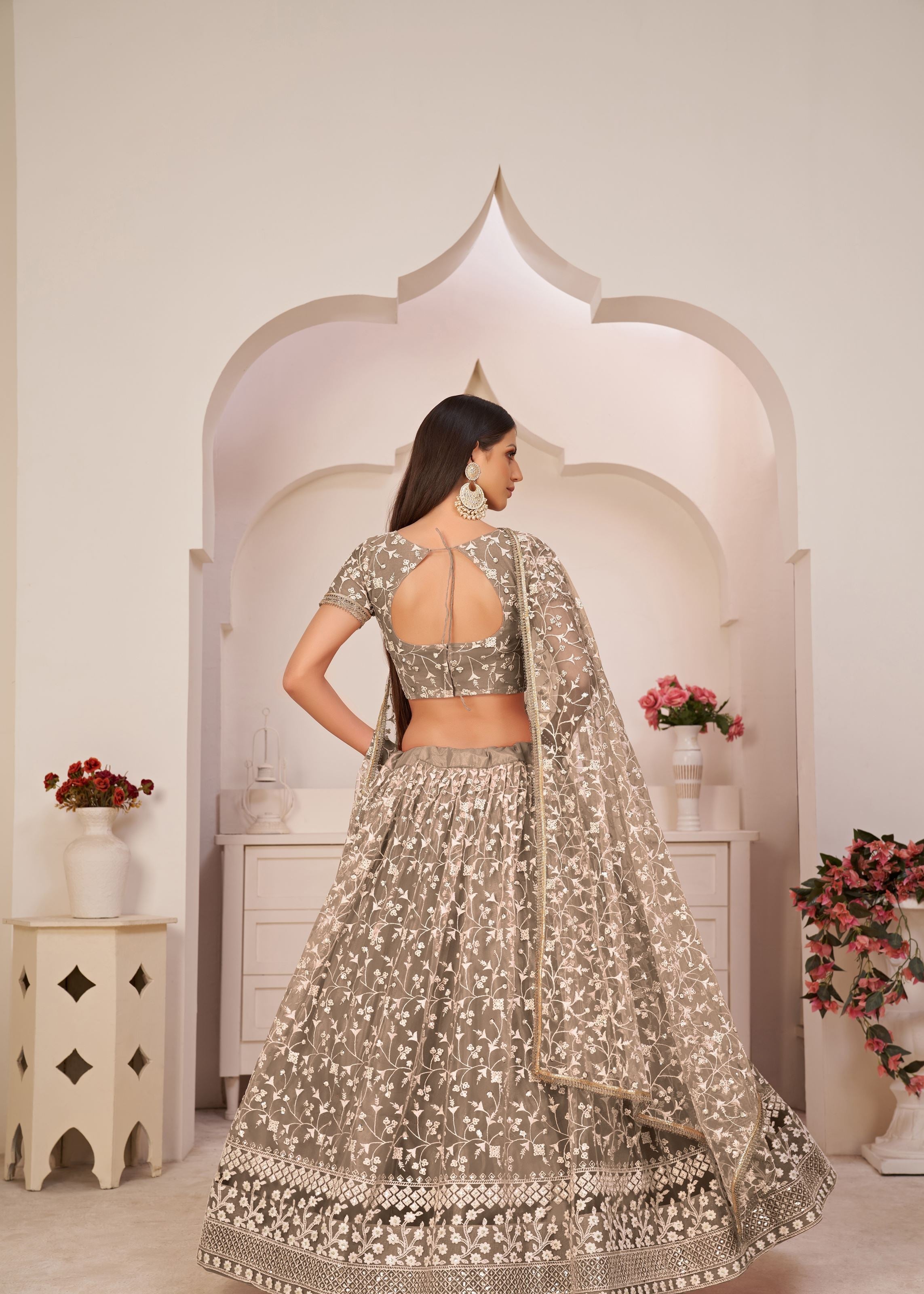 Brown Net Lehenga Choli With Thread And Zari Sandwich Sequence Embroidery Work