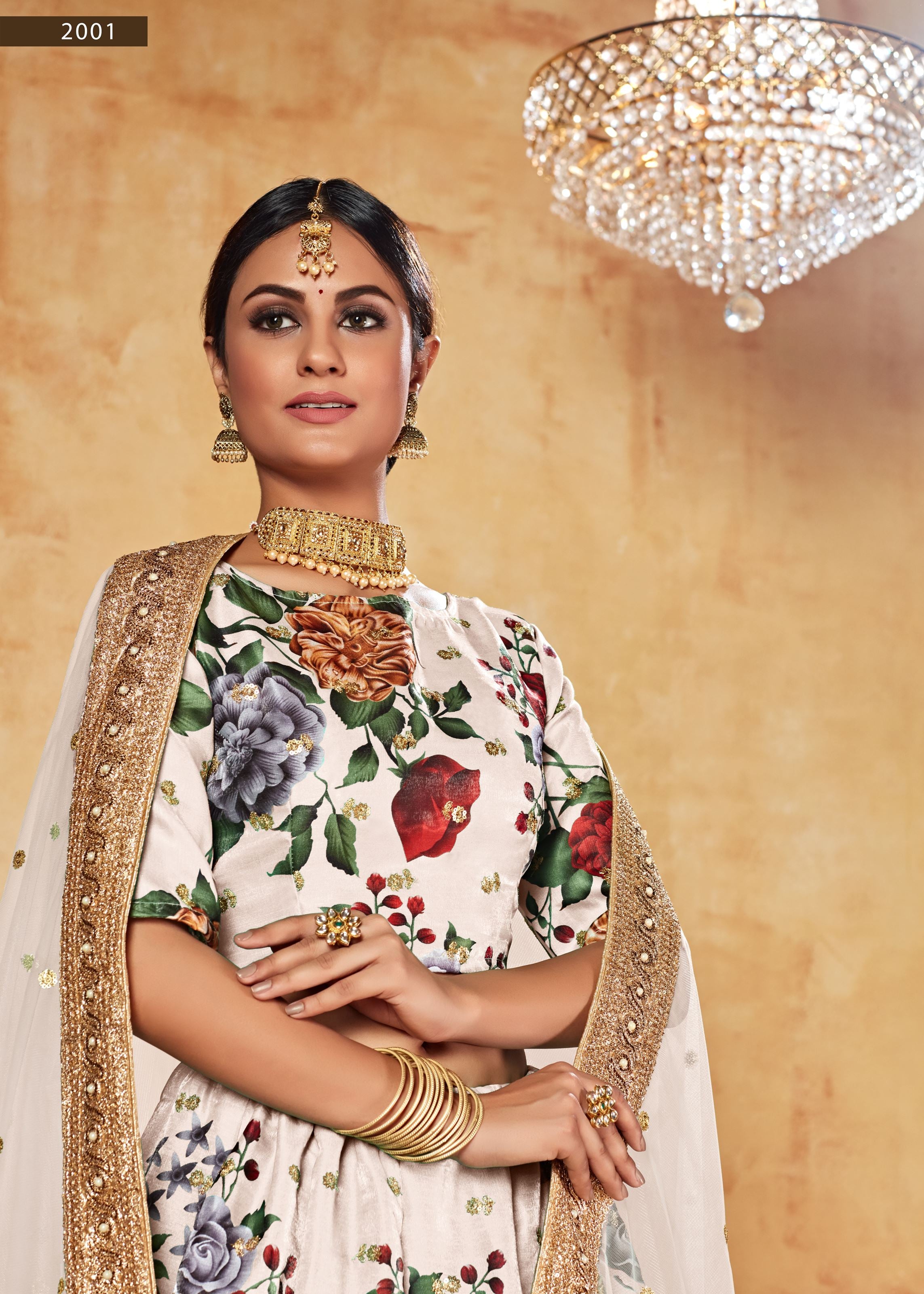 Cream Lehenga Choli With Digital Print And Dori With Jari Sequins Butti,Embroidered Border And Pearl Work