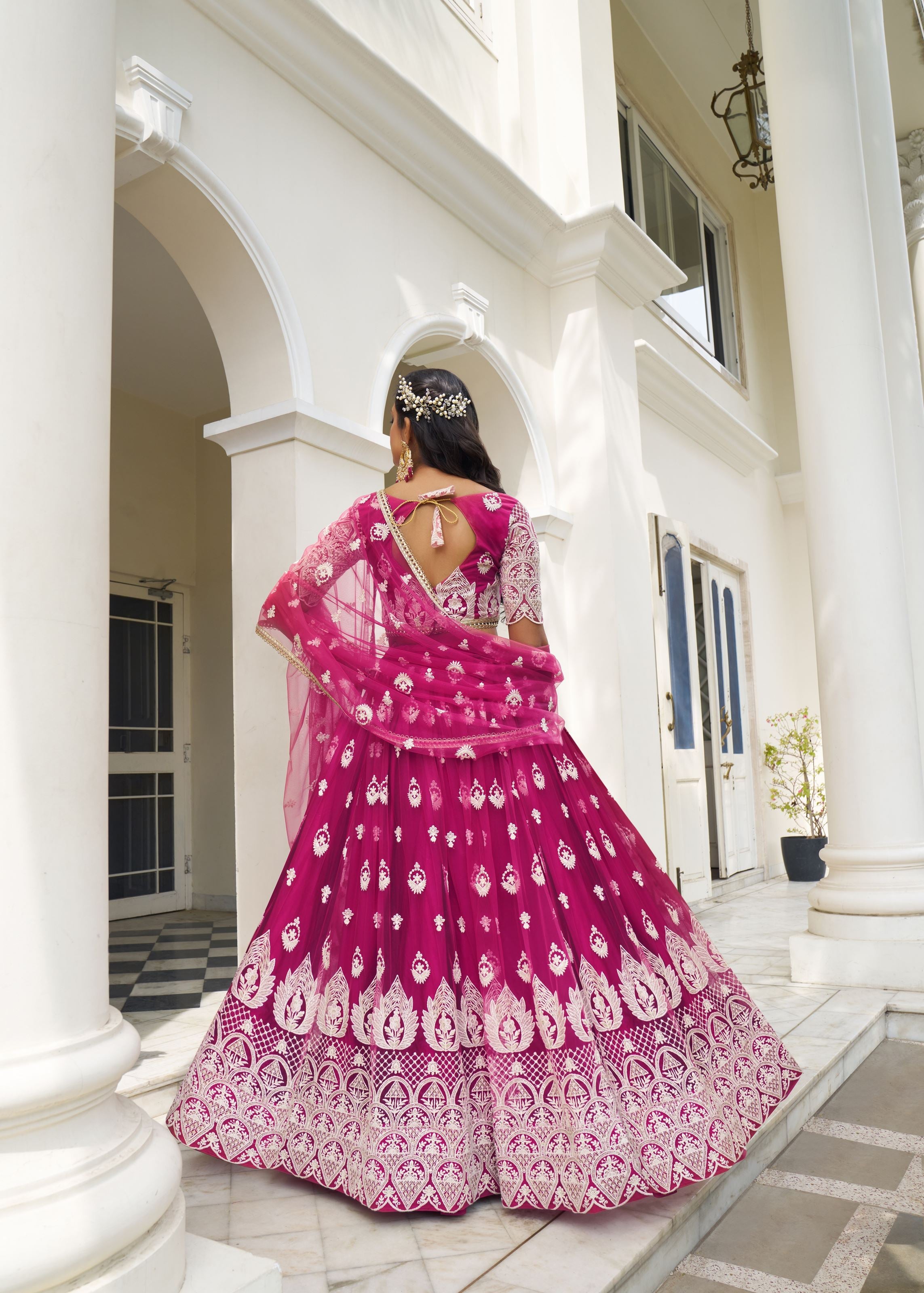 DarkPink Butterfly Net Lehenga Choli With Designer Thread Work, Zari Work And Sequence Work