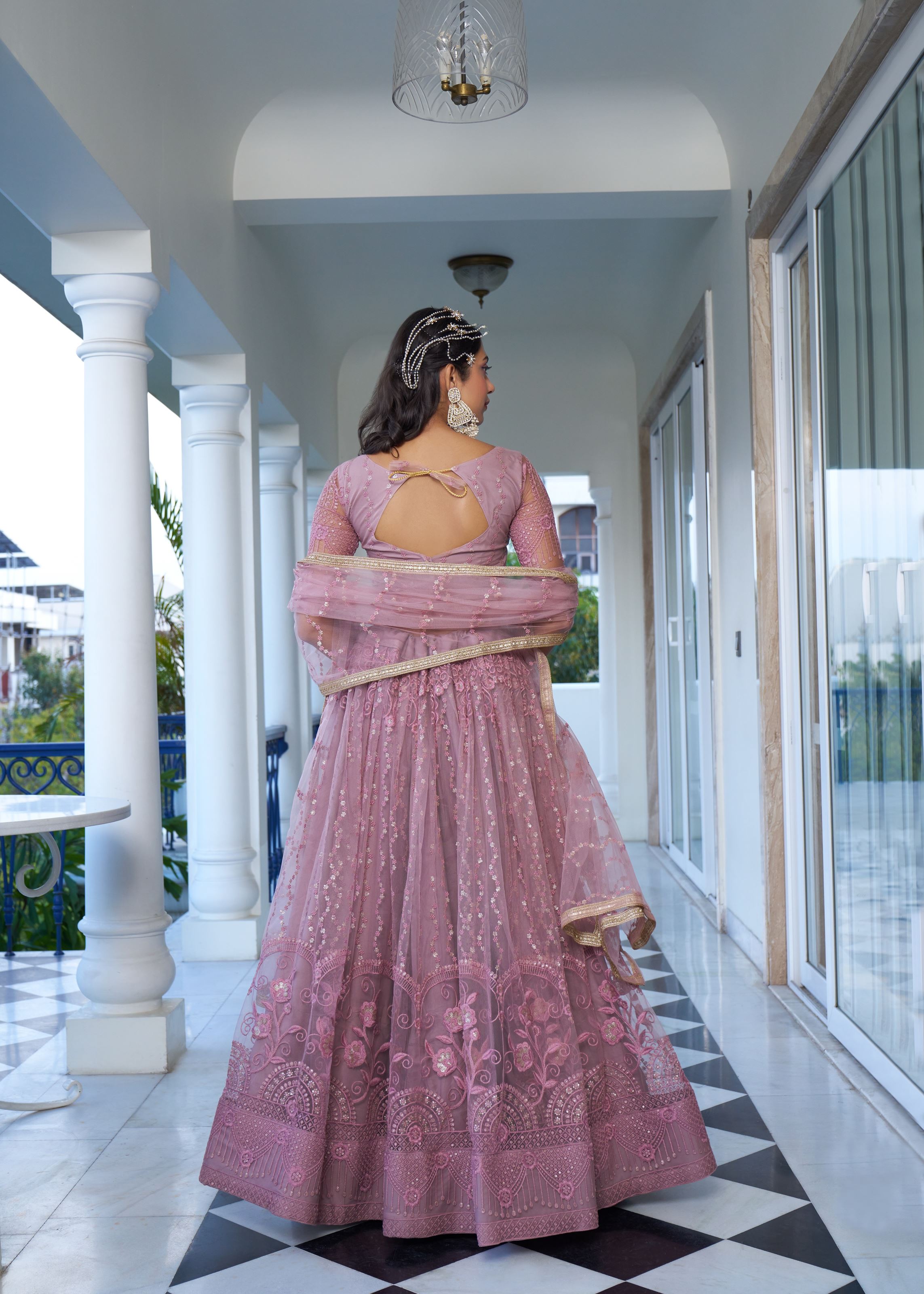 Dustypink Net Lehenga Choli With Thread Embroidery Work