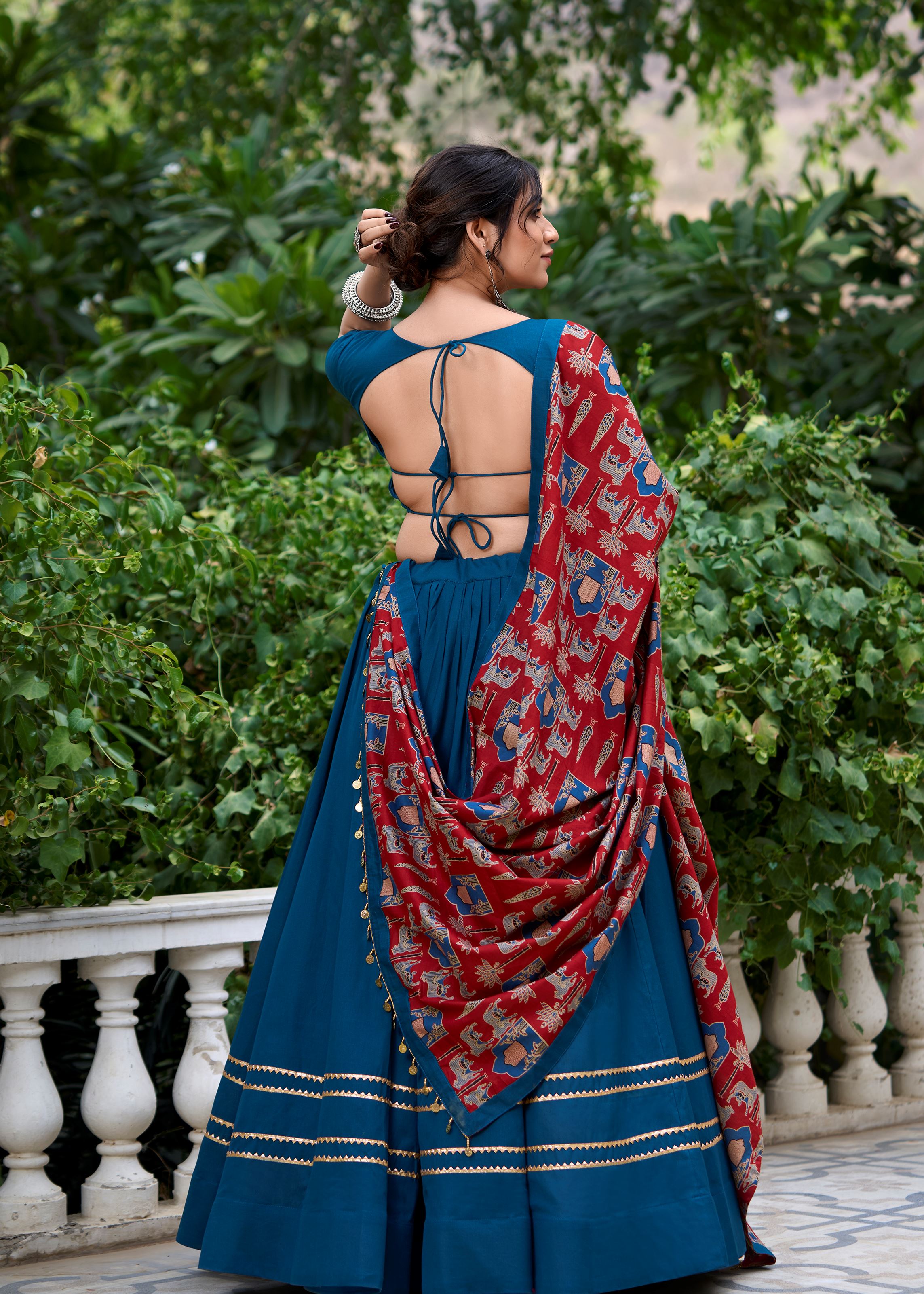 Ferozi Pure Cotton Plain Lehenga Choli Accented with Subtle Gota Patti Elegance