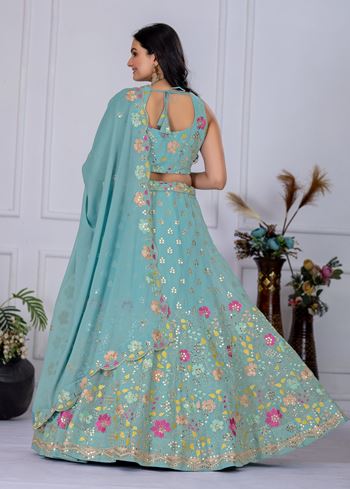 Firozi Lehenga Choli With Embroidery With Multi Thread Sequence Work