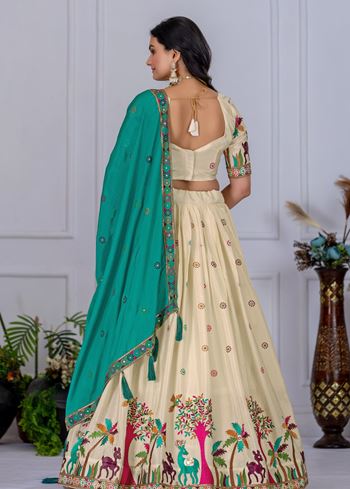 Beige Lehenga Choli With Heavy Embroidery With Multi Color Thread Sequence Work