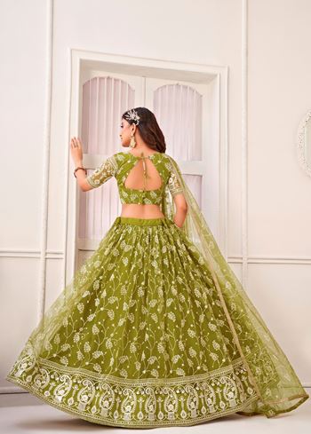 Green Butterfly Net Lehenga Choli With White Cotton Thread And Zari Sandwich Sequence Embroidery Work