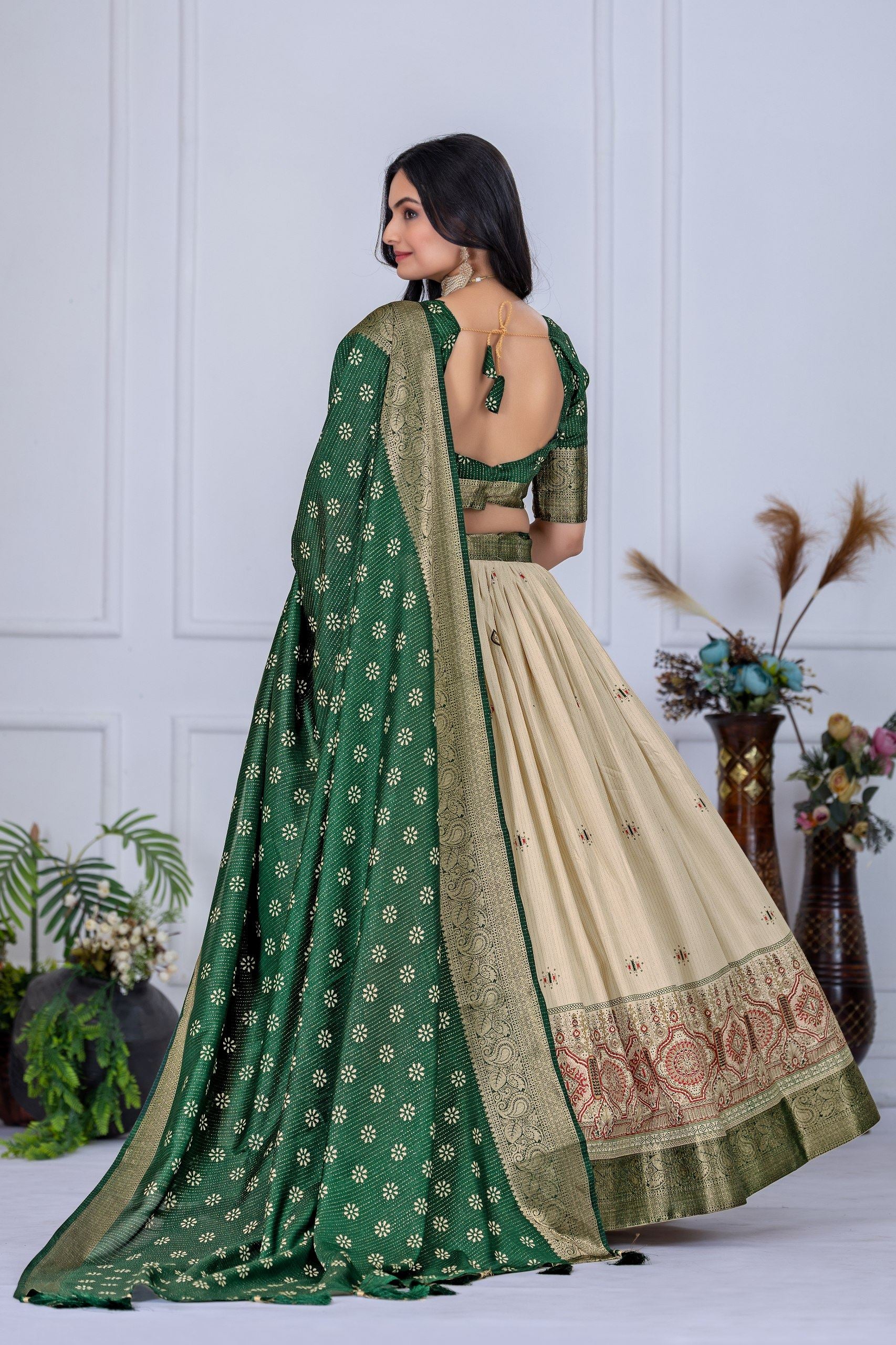 Green Lehenga Choli with Jacquard Jari Lining and Printed Detailing