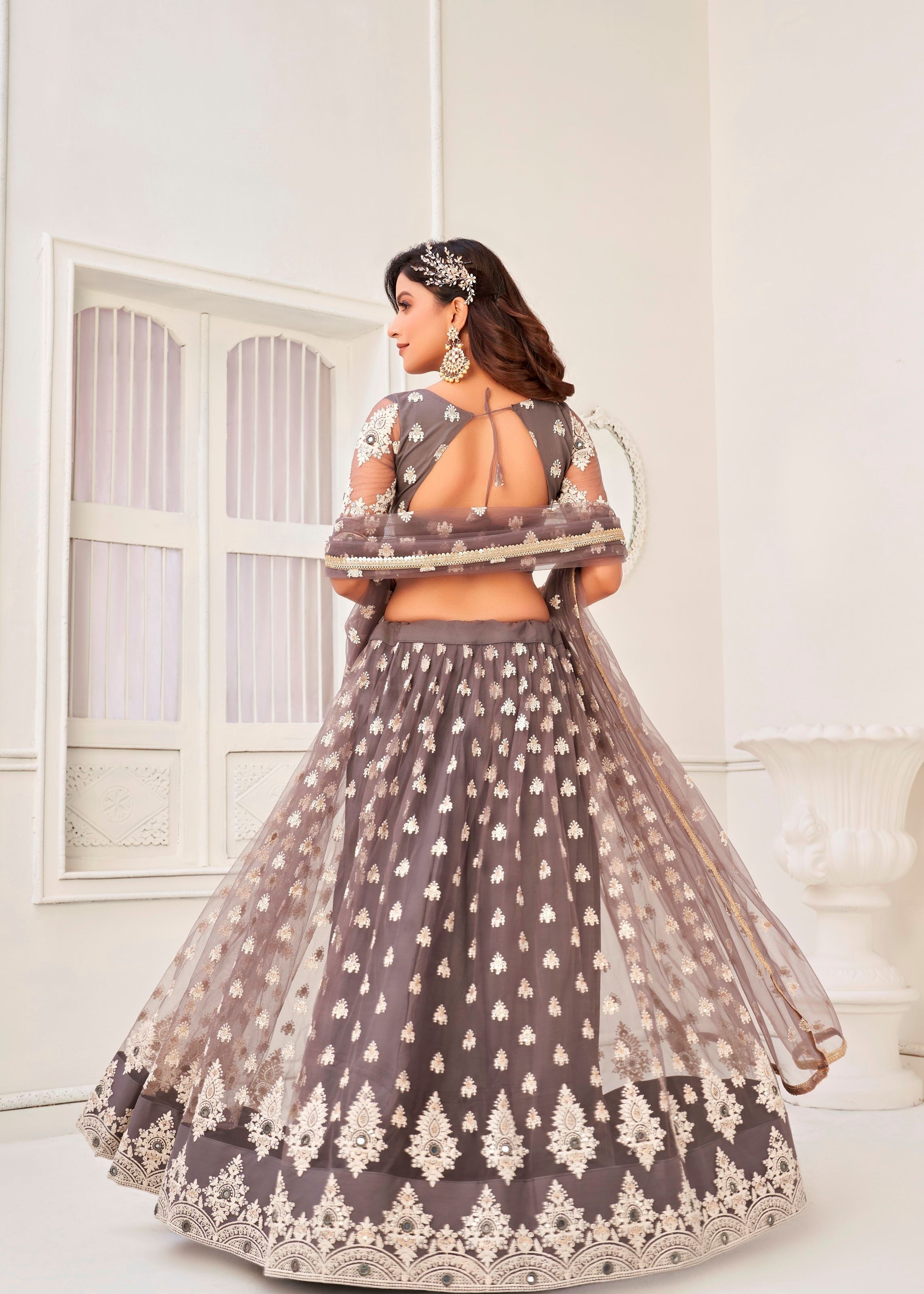 Grey Butterfly Net Lehenga Choli With Thread Embroidery And Sequins Work