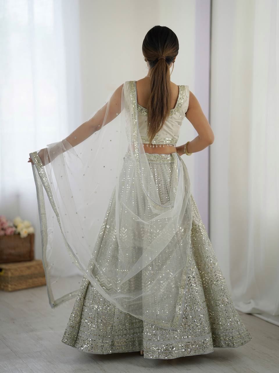 Grey Lehenga Choli With Sequins & Dori Work