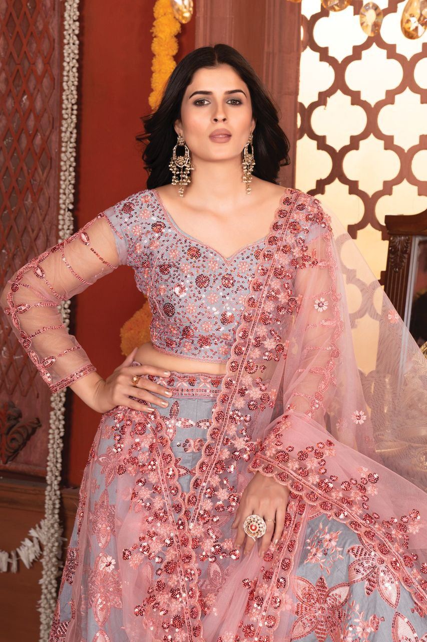 Grey Lehenga Choli With Thread Embroidery And Heavy Sequins Work