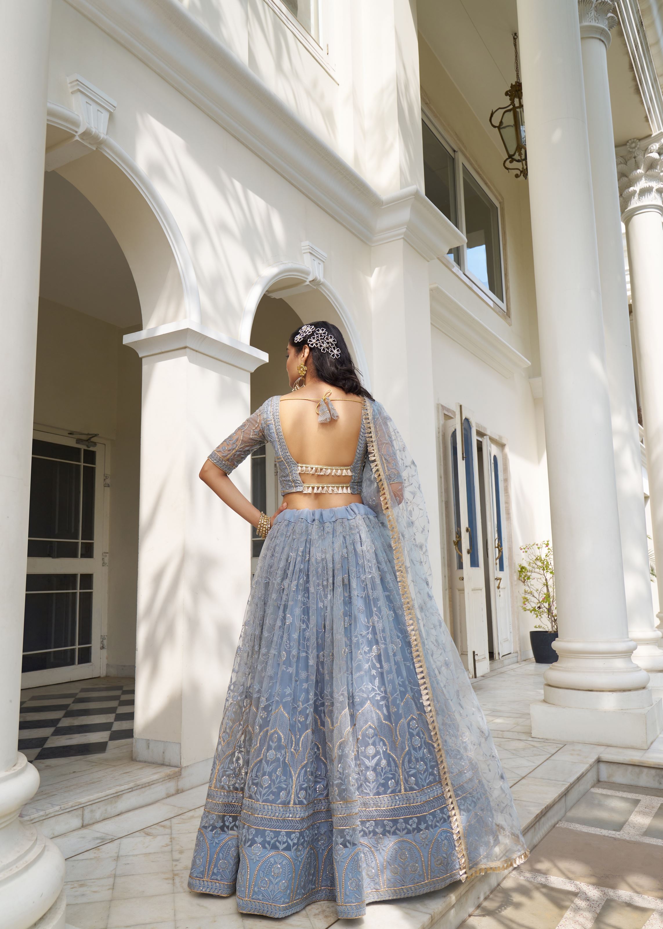 Light Blue Grey Butterfly Net Lehenga Choli With Designer Thread Work, Zari Work And Sequence Work