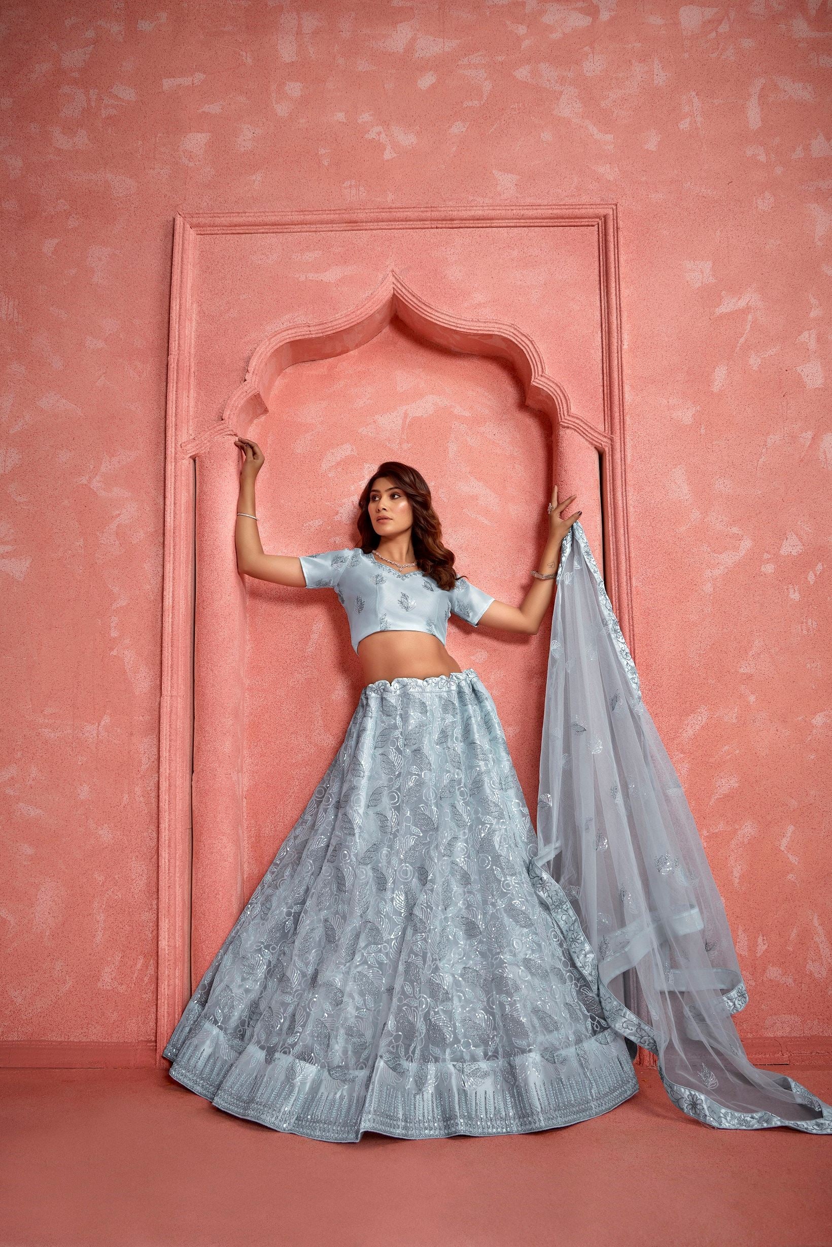 Light Grey Net Lehenga with Sequence Thread Work