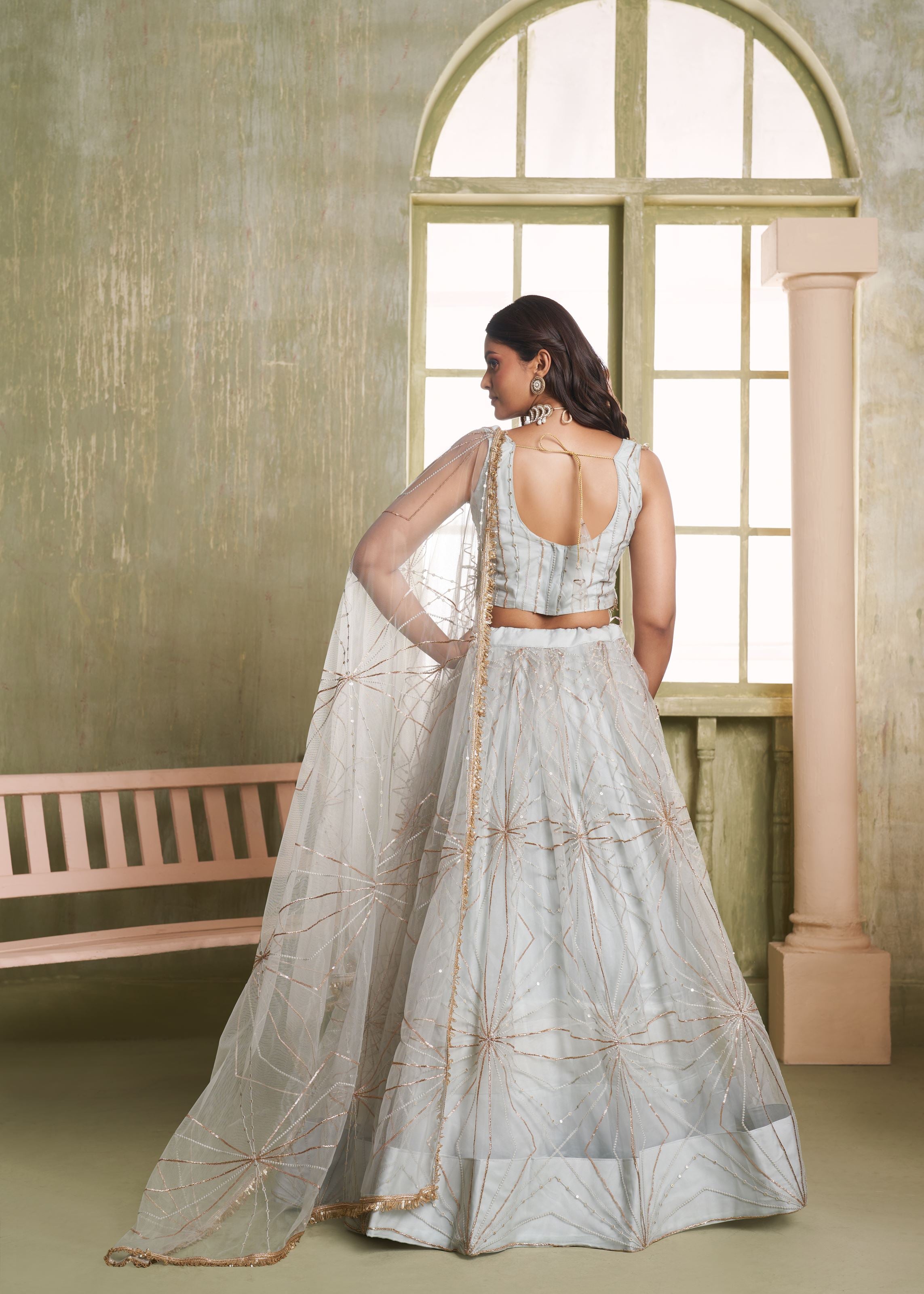 Light Grey Net Lehenga with Thread Zari Sequence Detailing