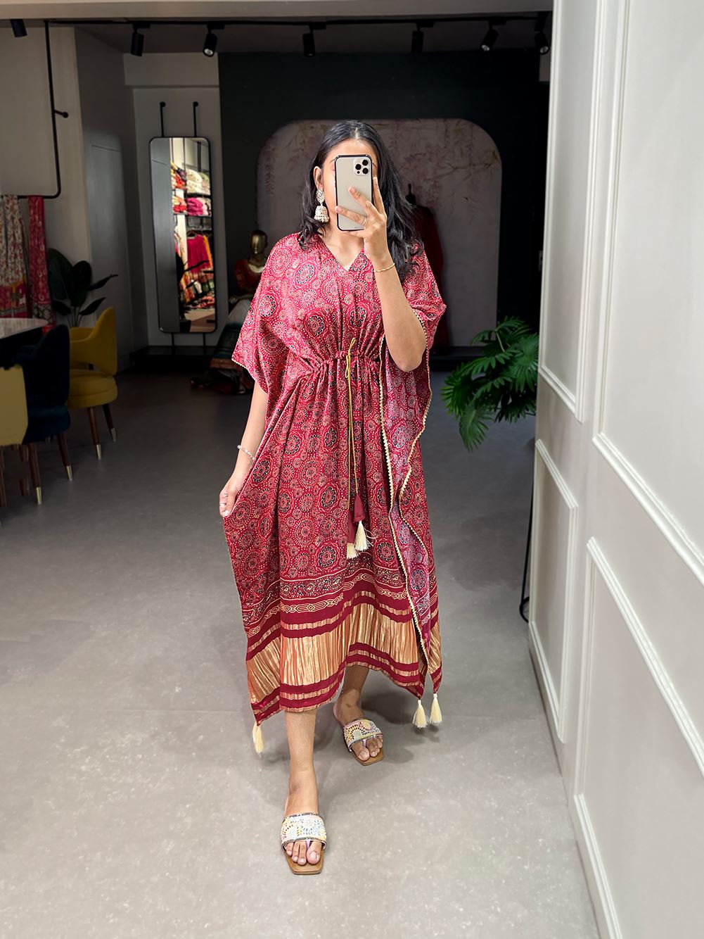 Maroon Color Pure Gaji Silk Kaftan with Gotta Patti Tassels