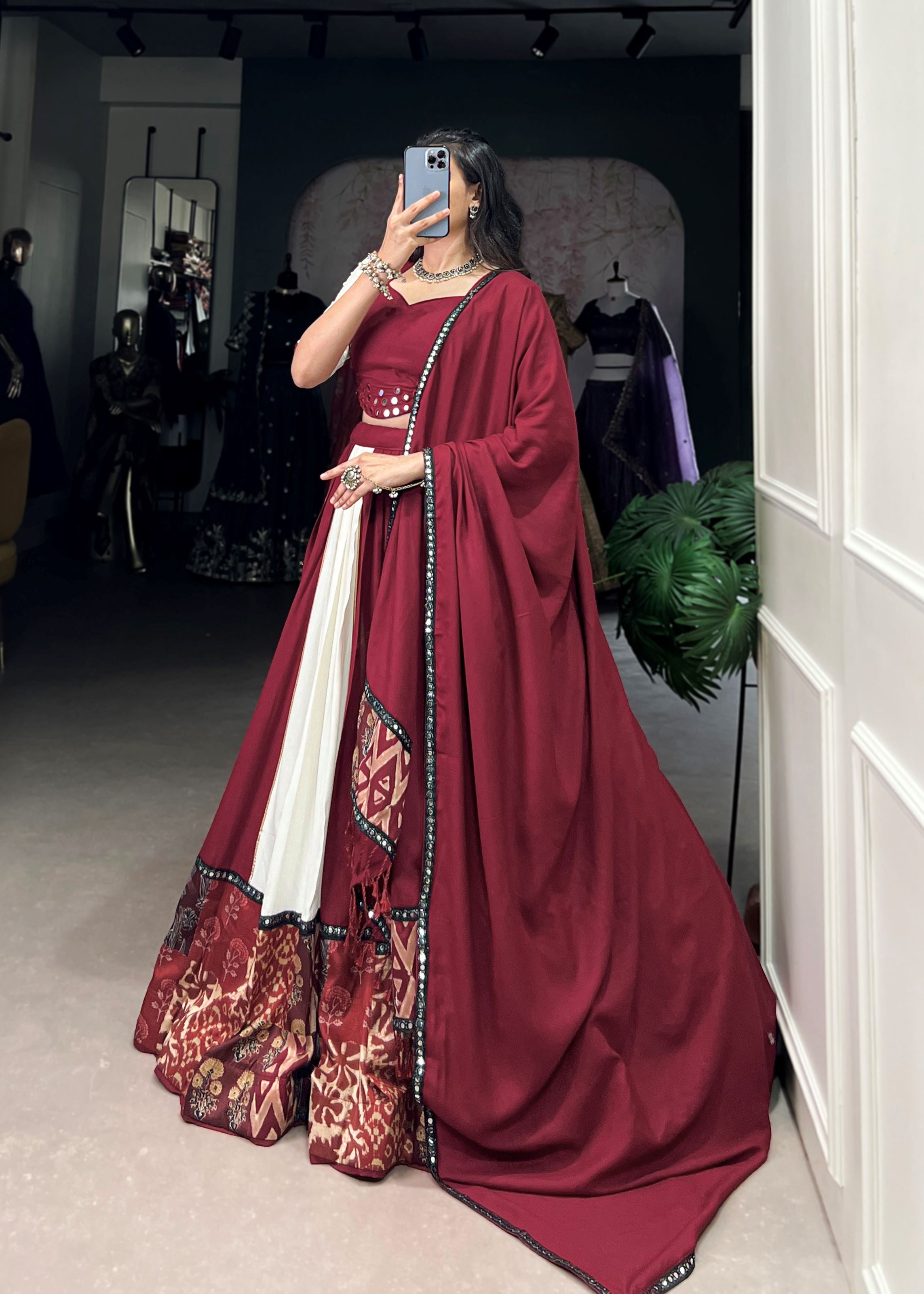 Maroon Printed Plain Rayon Lehenga with Mirror Lace and Gota Patti Sparkle