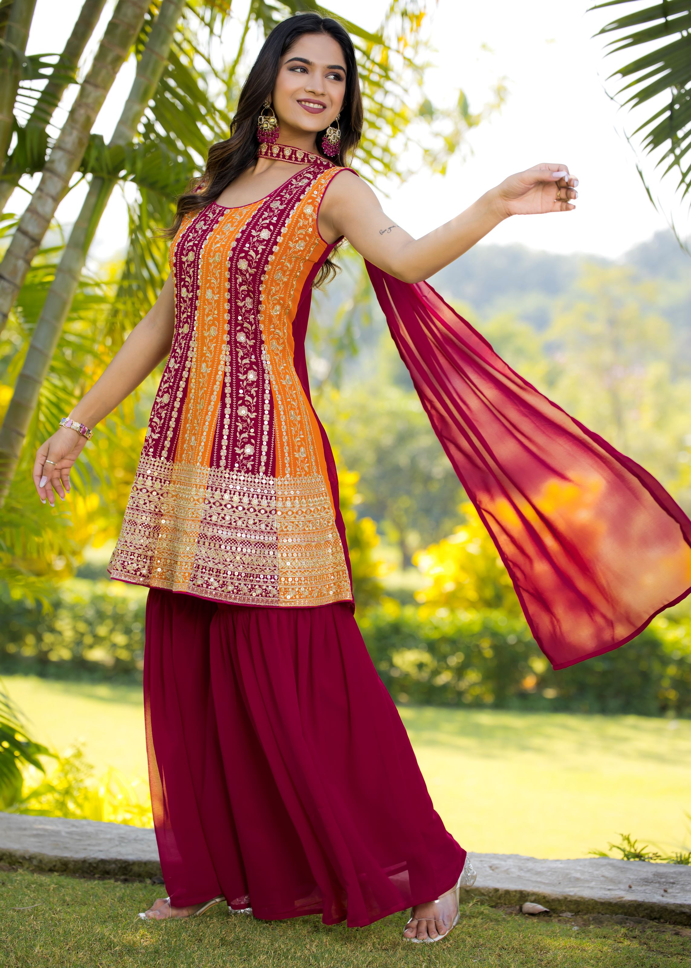 Multi Sharara Dress With Sequence Embroidered