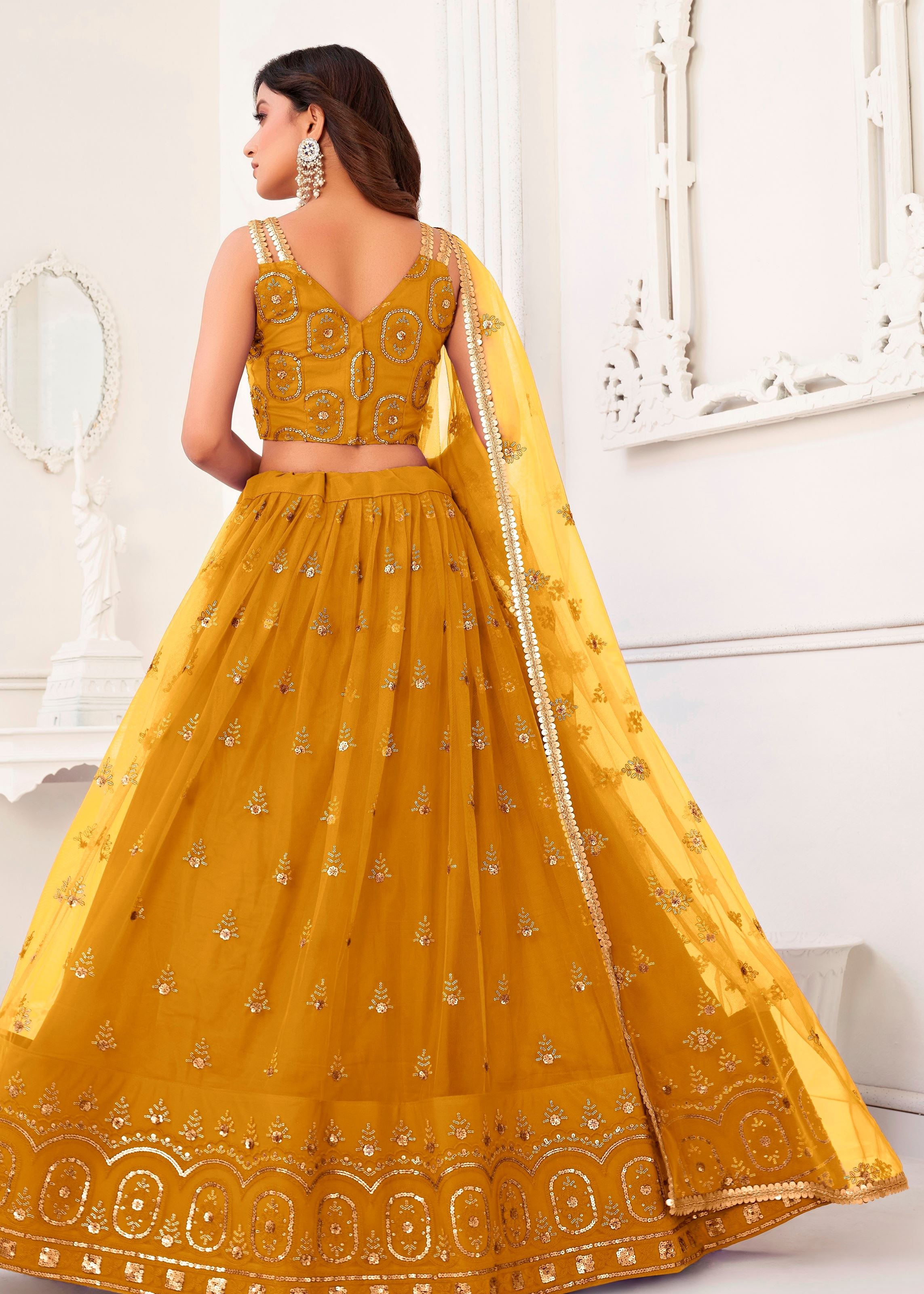 Mustard Butterfly Net Lehenga Choli With Thread And Zari Sandwich Sequence Embroidery Work