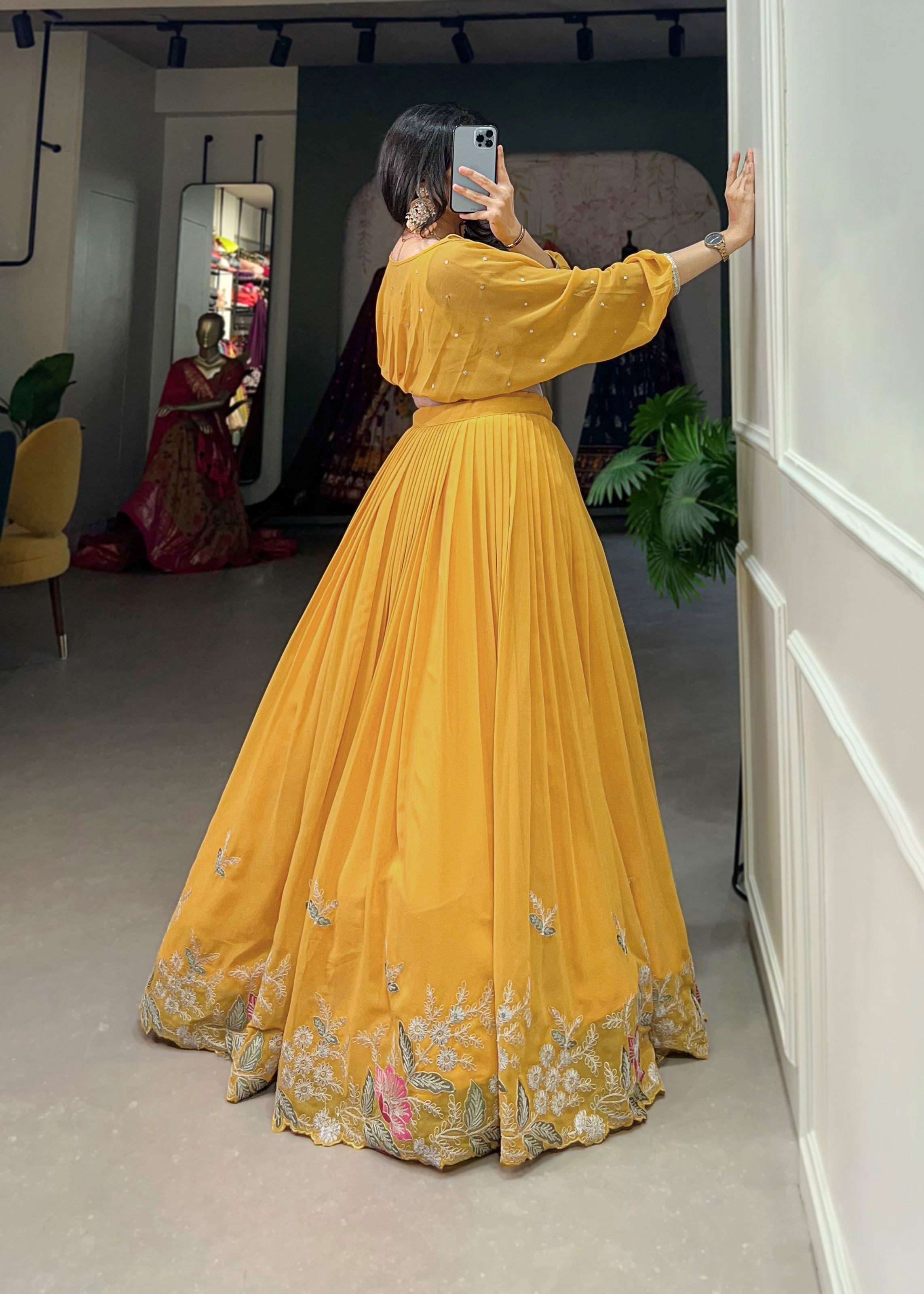Mustard Georgette Lehenga with Sequin and Thread Detailing Light Elegant